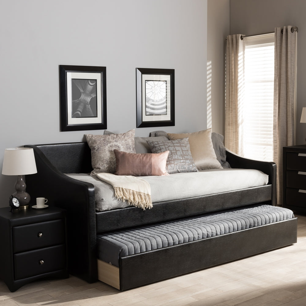 Barnstorm Modern and Contemporary Black Faux Leather Upholstered Daybed with Guest Trundle Bed