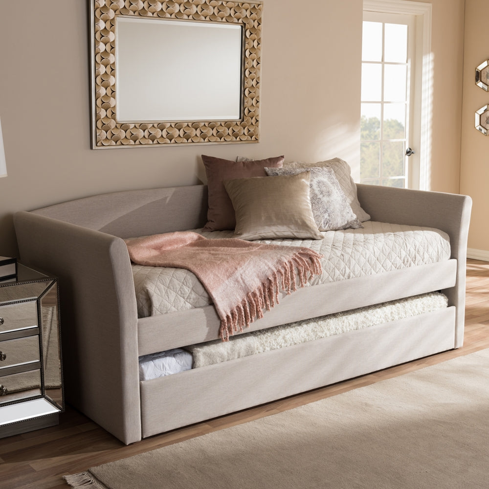 Camino Beige Fabric Upholstered Daybed With Guest Trundle Bed