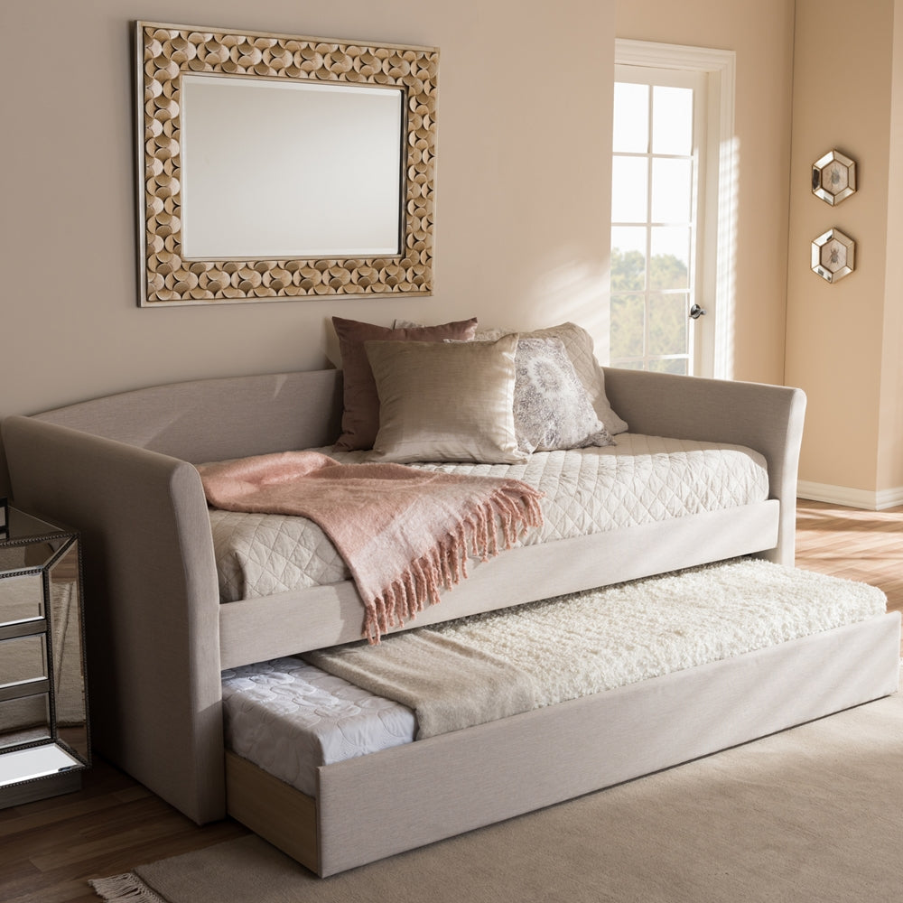 Camino Beige Fabric Upholstered Daybed With Guest Trundle Bed