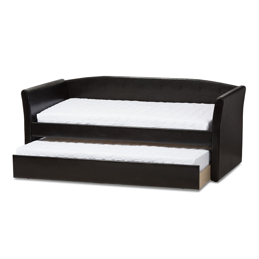 Camino Modern and Contemporary Black Faux Leather Upholstered Daybed with Guest Trundle Bed