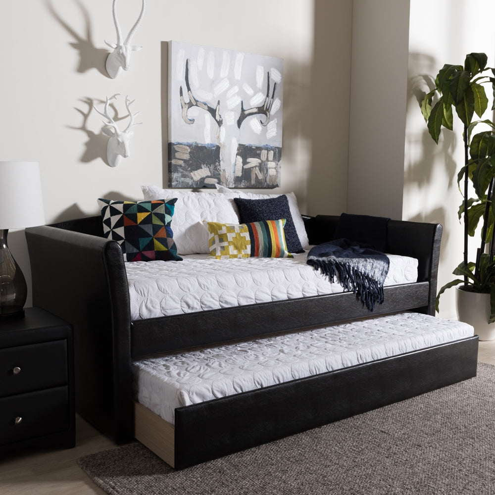 Camino Modern and Contemporary Black Faux Leather Upholstered Daybed with Guest Trundle Bed