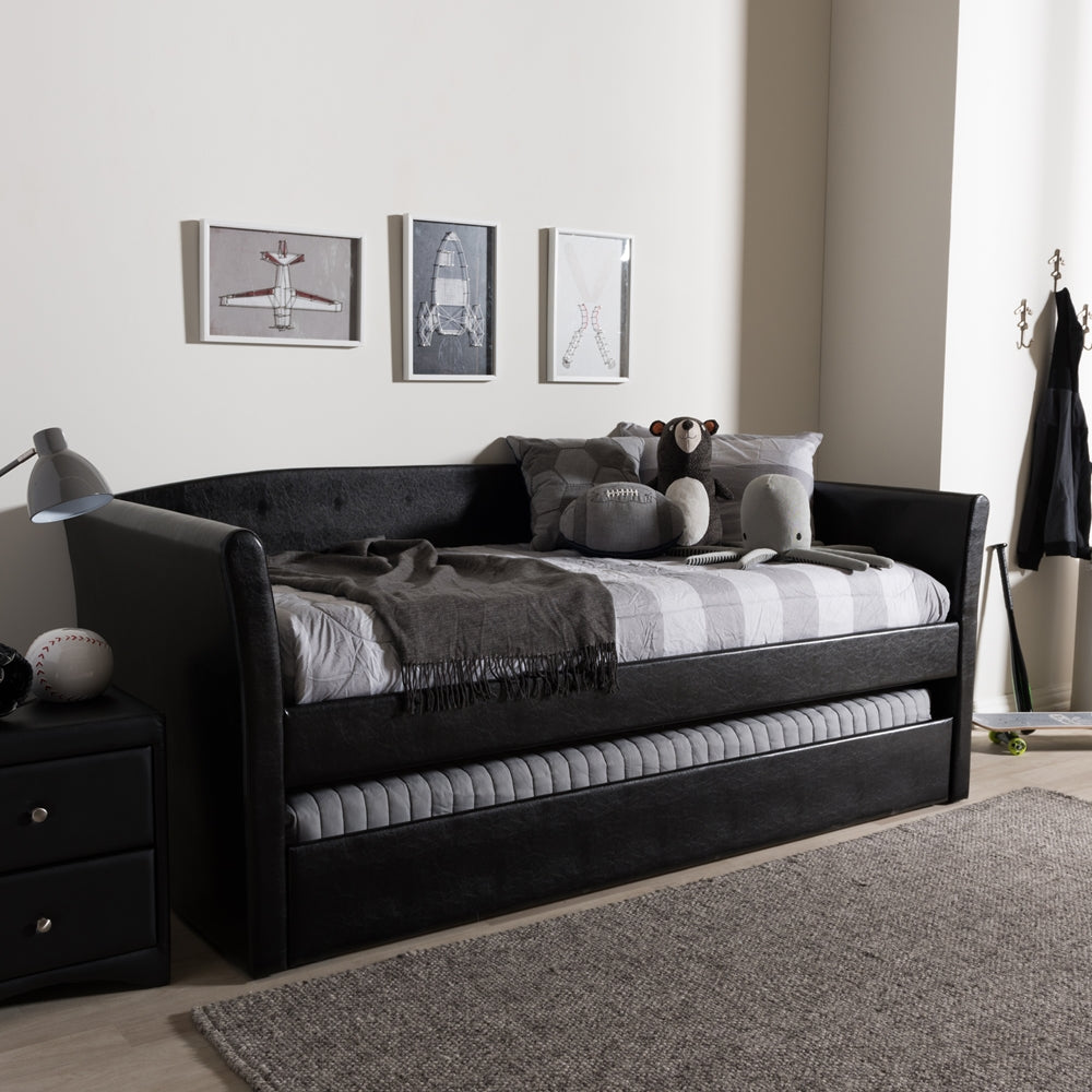 Camino Modern and Contemporary Black Faux Leather Upholstered Daybed with Guest Trundle Bed
