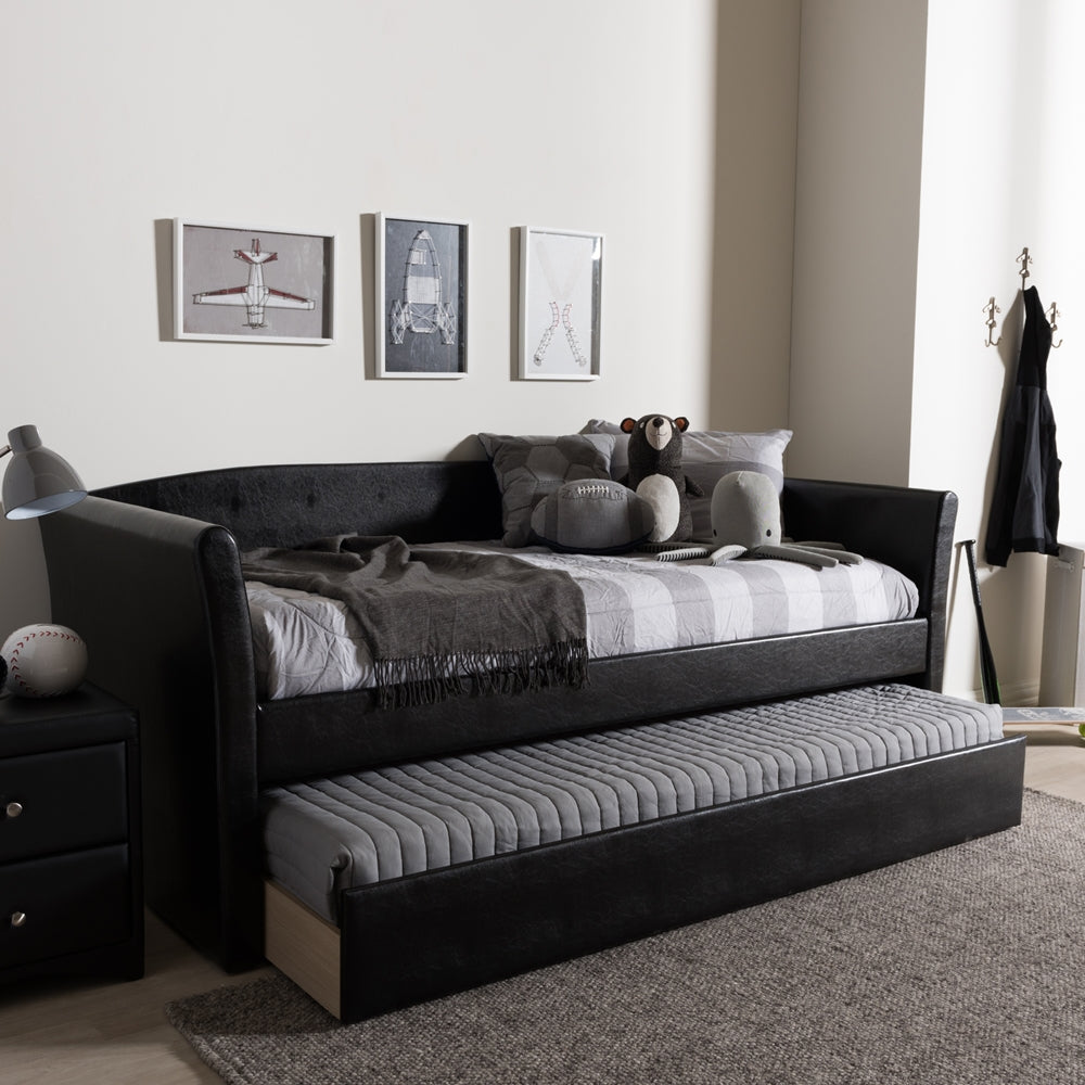 Camino Modern and Contemporary Black Faux Leather Upholstered Daybed with Guest Trundle Bed