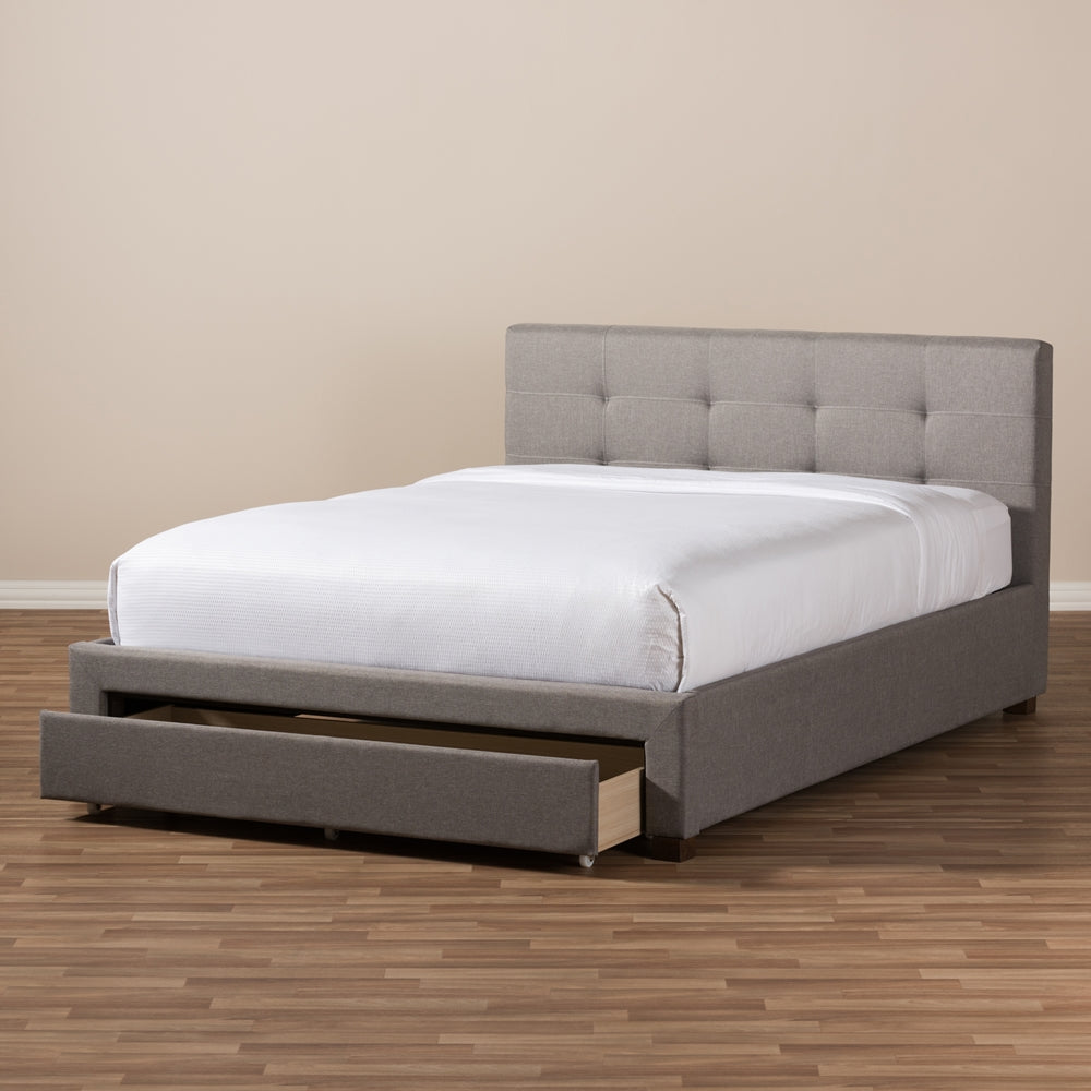 Brandy Grey Fabric Upholstered Queen Size Platform Bed With Storage Drawer