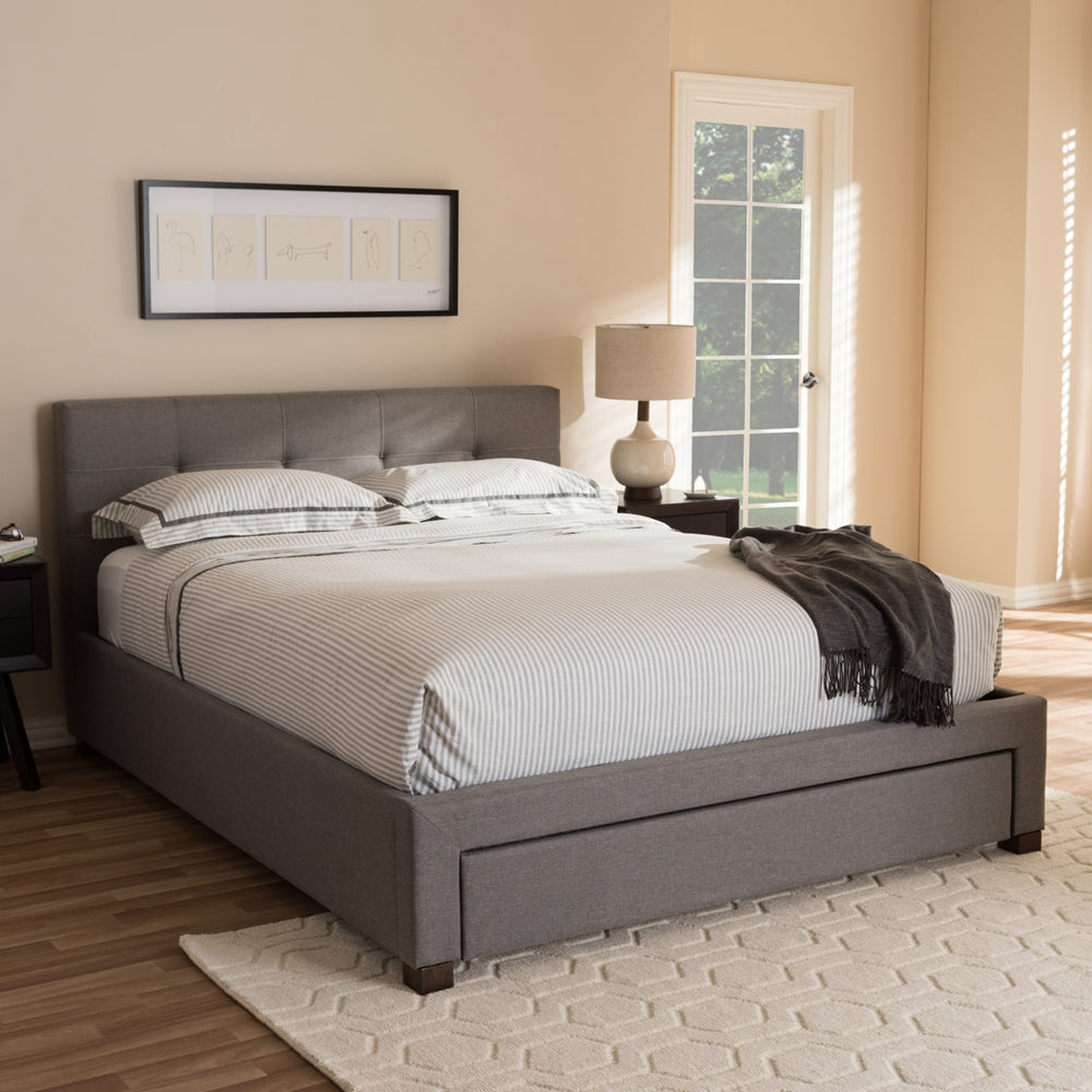 Brandy Grey Fabric Upholstered Queen Size Platform Bed With Storage Drawer