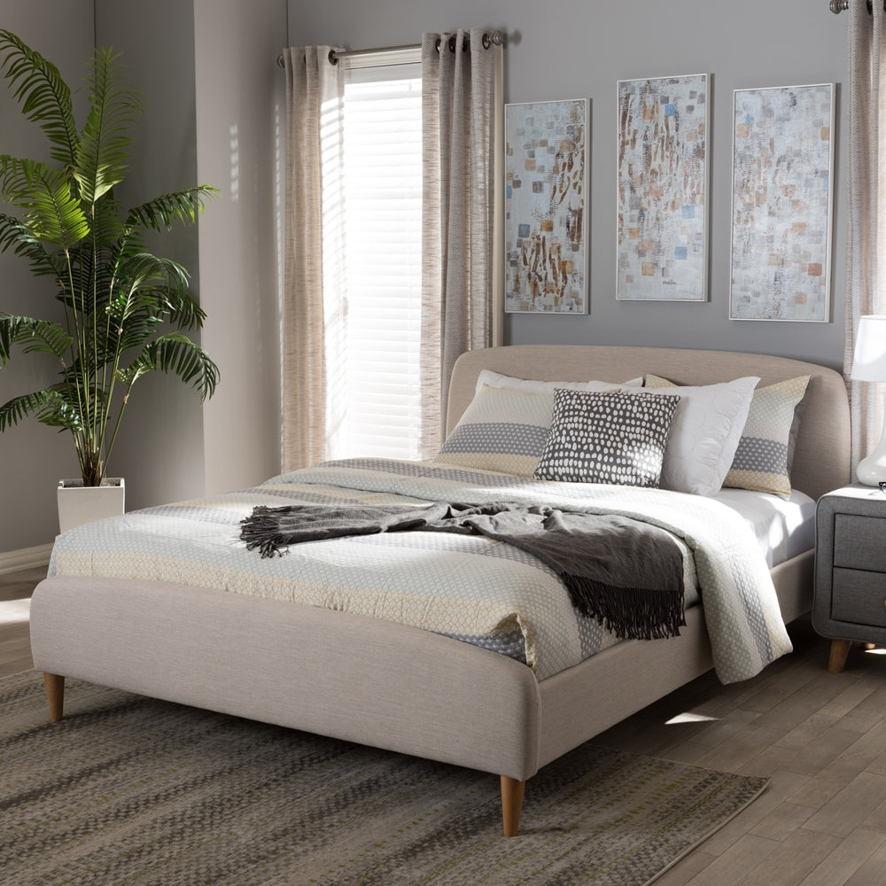 Mia Mid-Century Light Beige Fabric Upholstered King Size Platform Bed