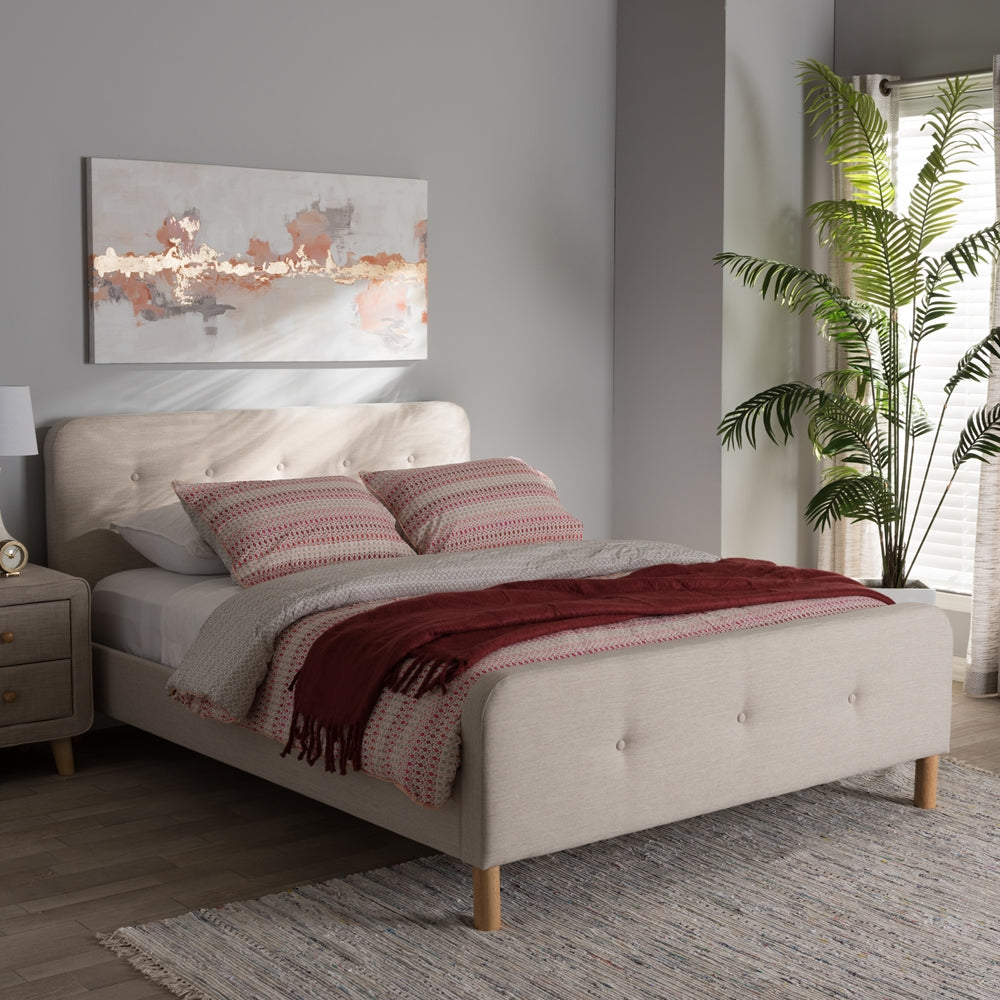 Samson Mid-Century Light Beige Fabric Upholstered Full Size Platform Bed