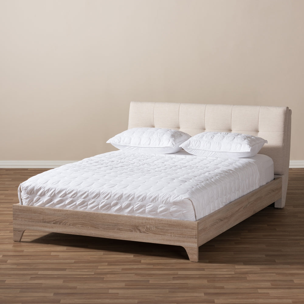 Adelia Mid-Century Light Beige Whitewash Queen Size Platform Bed