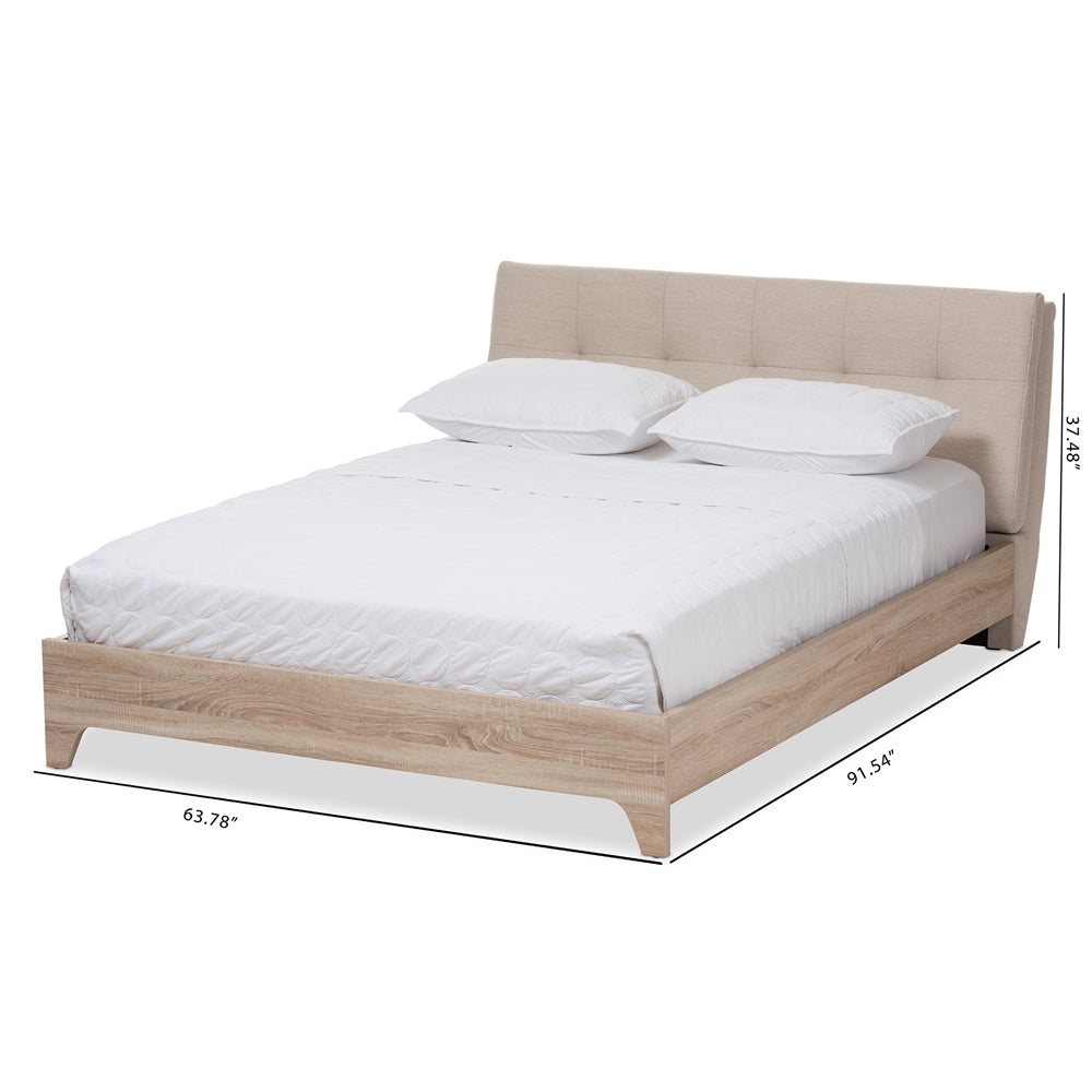 Adelia Mid-Century Light Beige Whitewash Queen Size Platform Bed