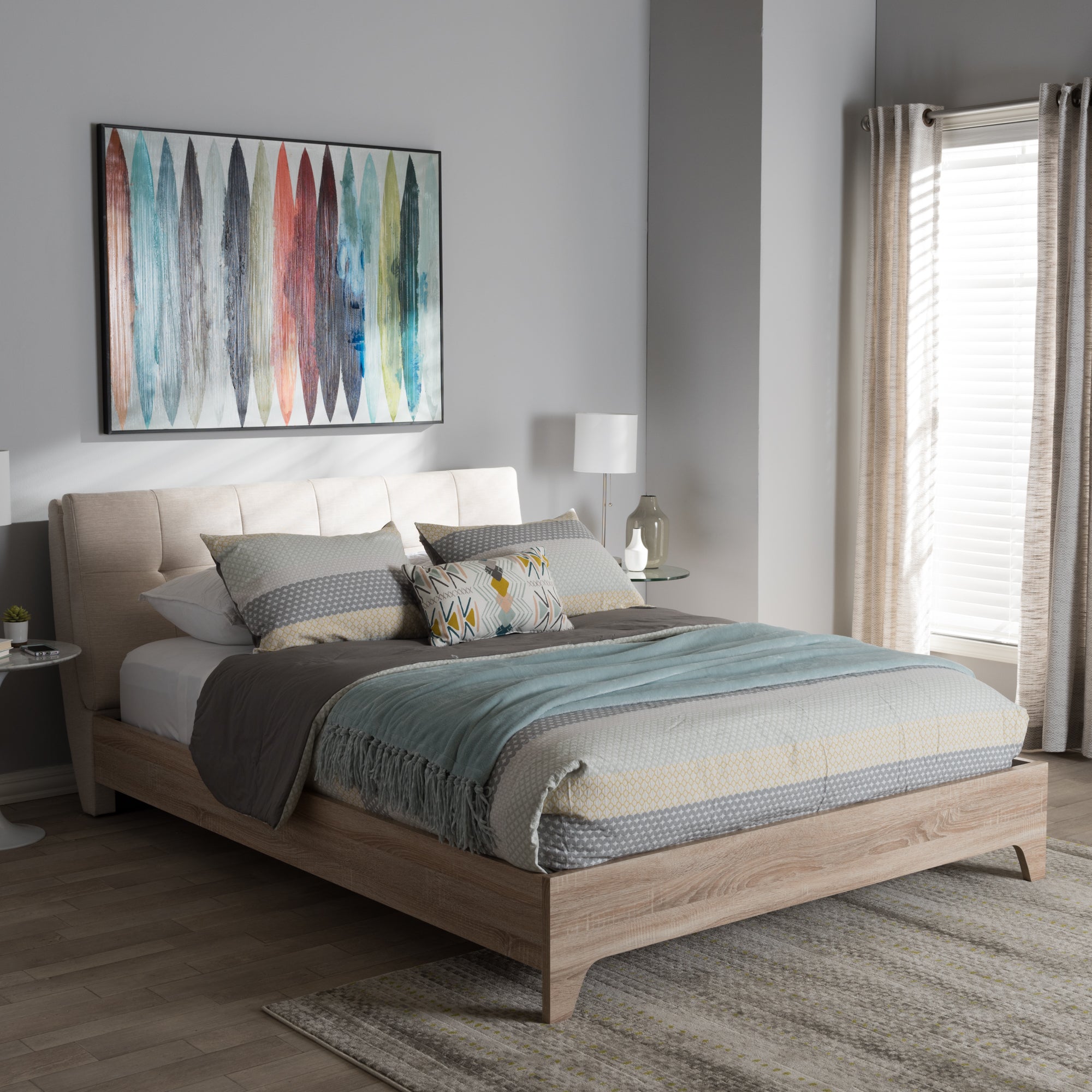 Beatrix Adelia Collection Queen Platform Bed  Light Beige Wood, Whitewash Finish, Mid-Century Style
