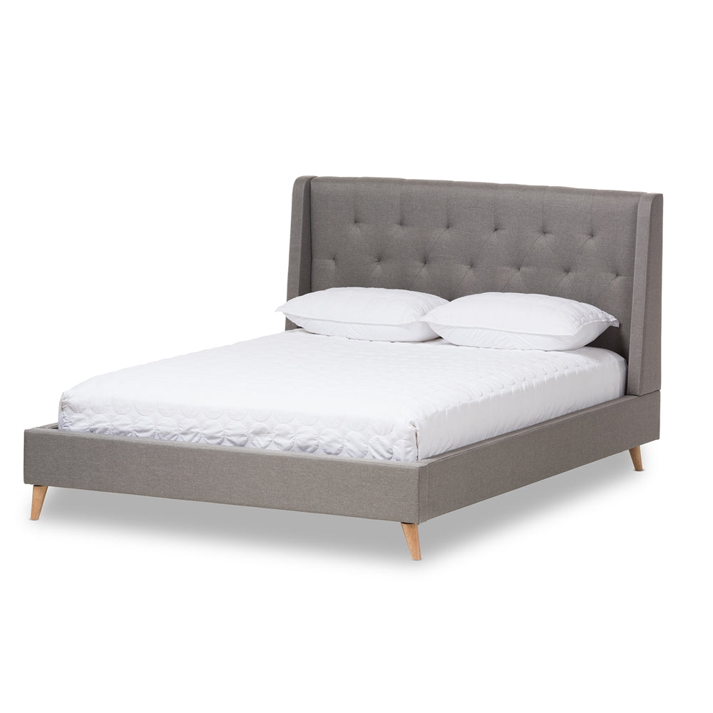 Adelaide Retro Modern Light Beige Fabric Upholstered King Size Platform Bed