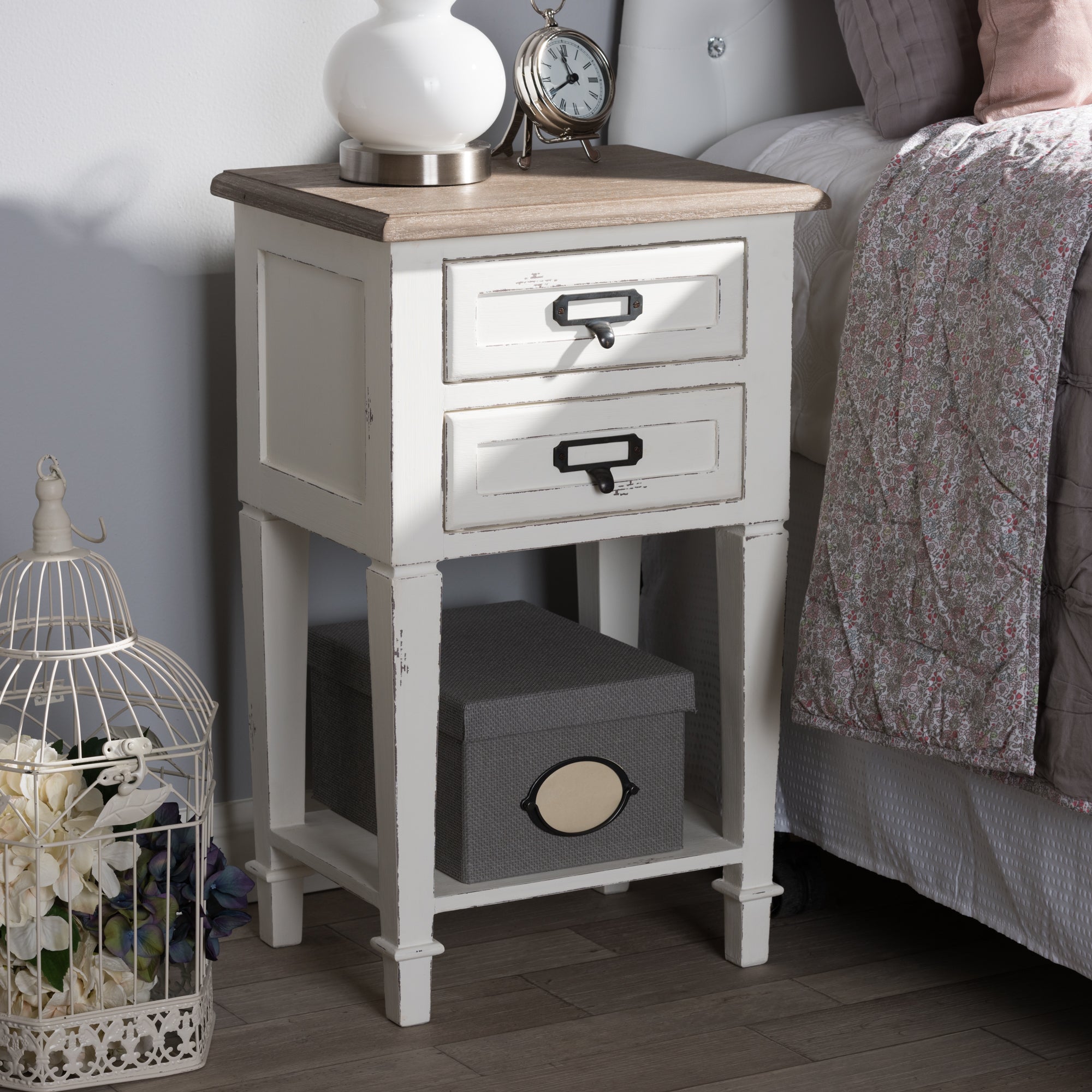 Dauphine Provincial Style Weathered Oak and White Wash Distressed Finish Wood Nightstand
