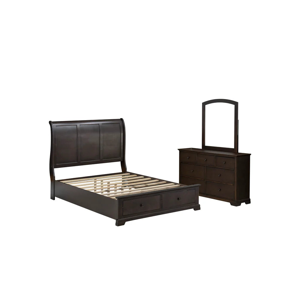 Cordova 3-PC Bedroom Set Contains a Platform Bed, Mid Century Modern Mirror and a Bedroom Dresser with 6 Drawers - Wire Brushed Walnut Finish