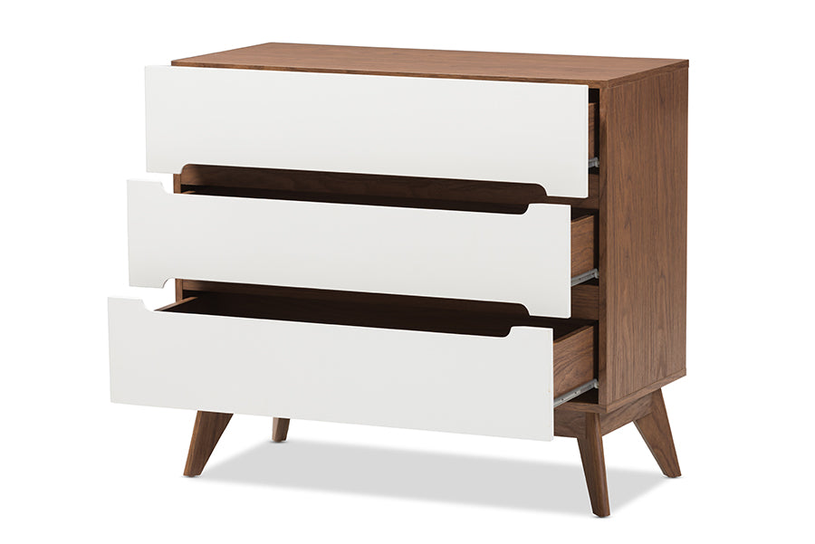 Calypso Mid-Century Modern White and Walnut Wood 3-Drawer Storage Chest