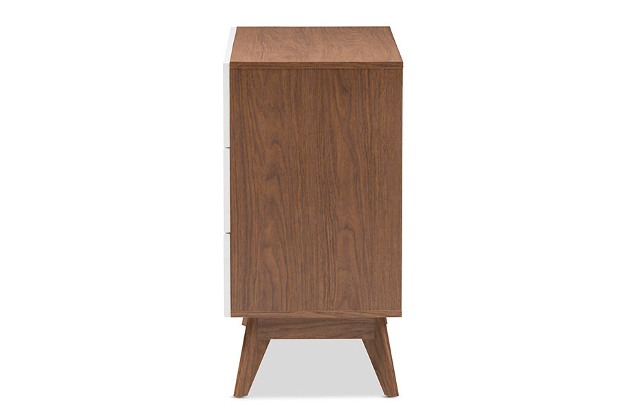Calypso Mid-Century Modern White and Walnut Wood 3-Drawer Storage Chest