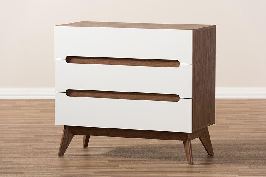 Calypso Mid-Century Modern White and Walnut Wood 3-Drawer Storage Chest