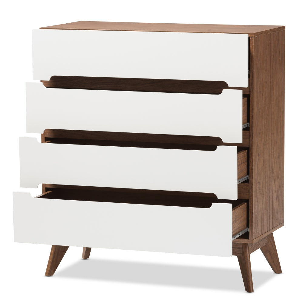 Calypso Mid-Century Modern White and Walnut Wood 4-Drawer Storage Chest