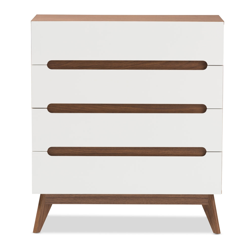 Calypso Mid-Century Modern White and Walnut Wood 4-Drawer Storage Chest