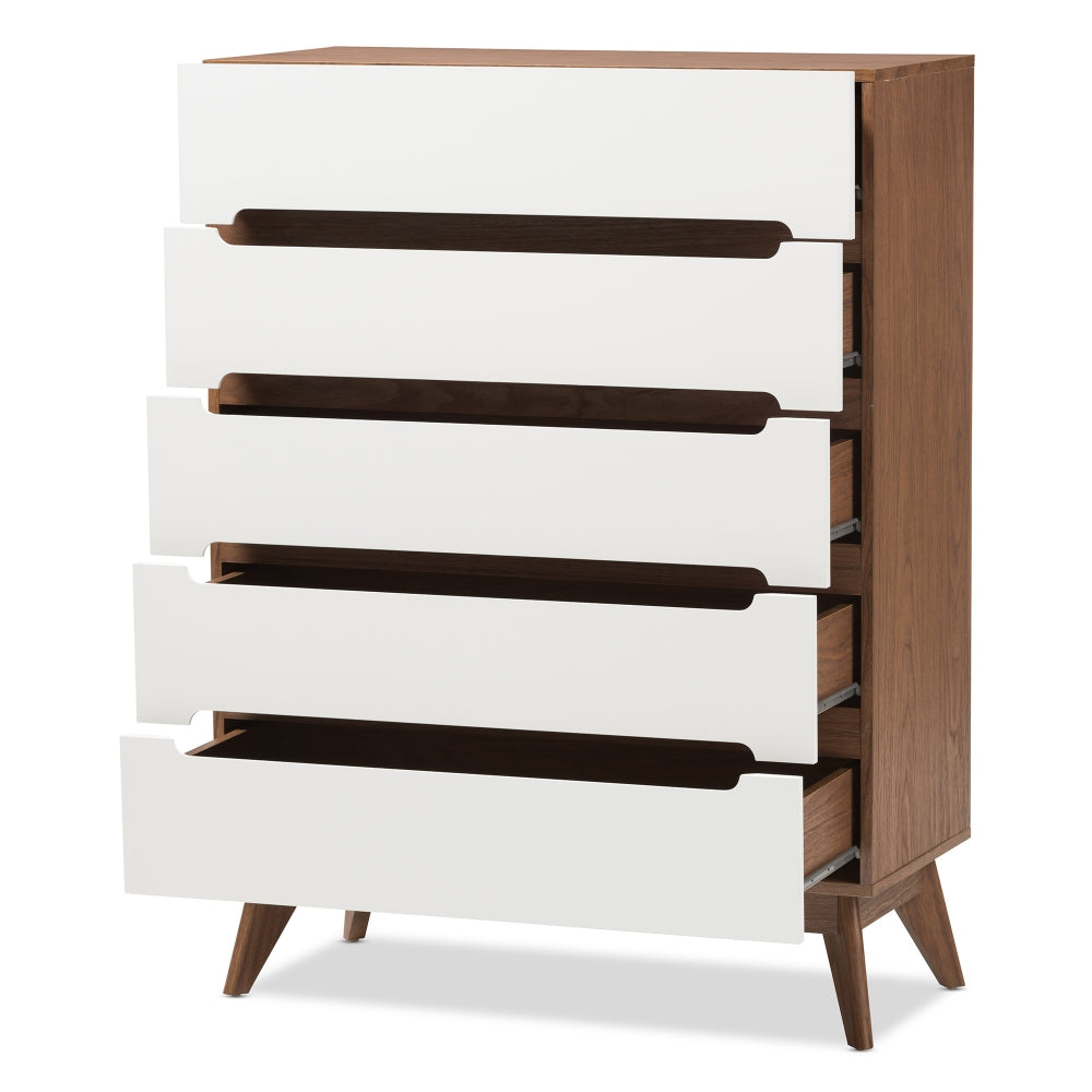Calypso Mid-Century Modern White and Walnut Wood 5-Drawer Storage Chest