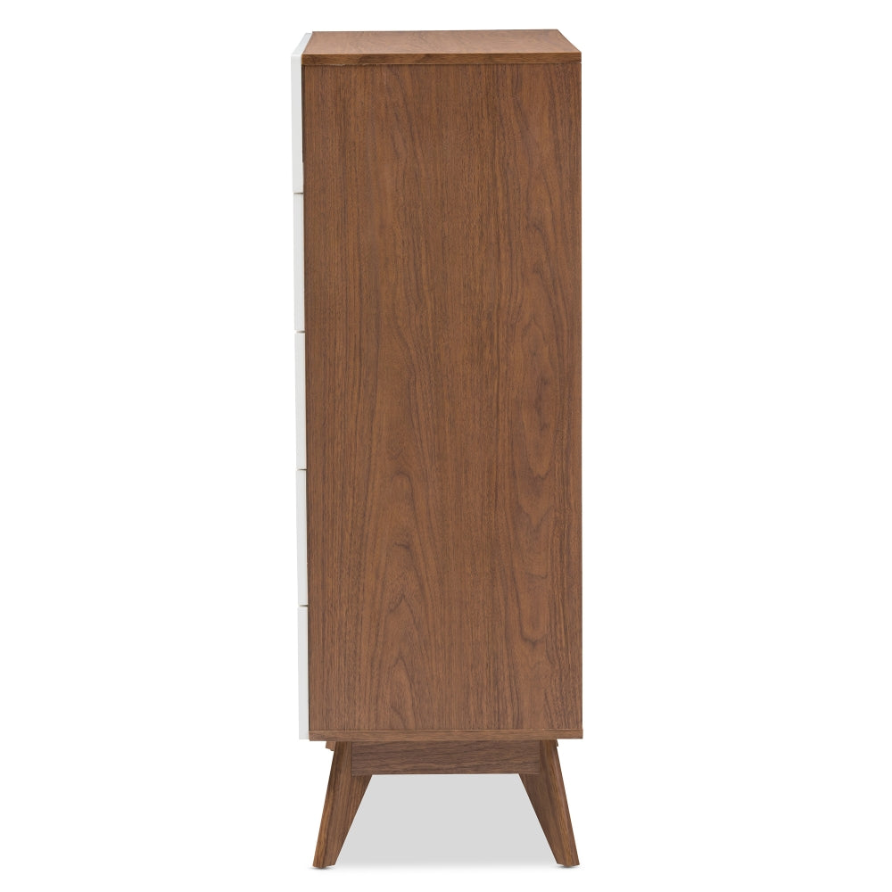 Calypso Mid-Century Modern White and Walnut Wood 5-Drawer Storage Chest