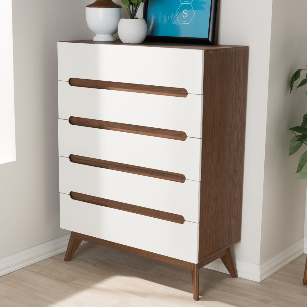 Calypso Mid-Century Modern White and Walnut Wood 5-Drawer Storage Chest