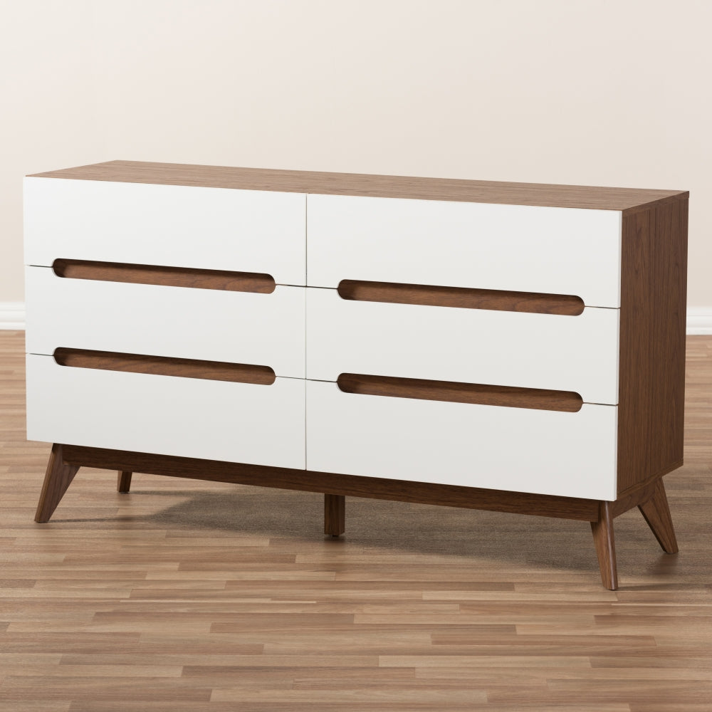 Calypso Mid-Century Modern White and Walnut Wood 6-Drawer Storage Dresser