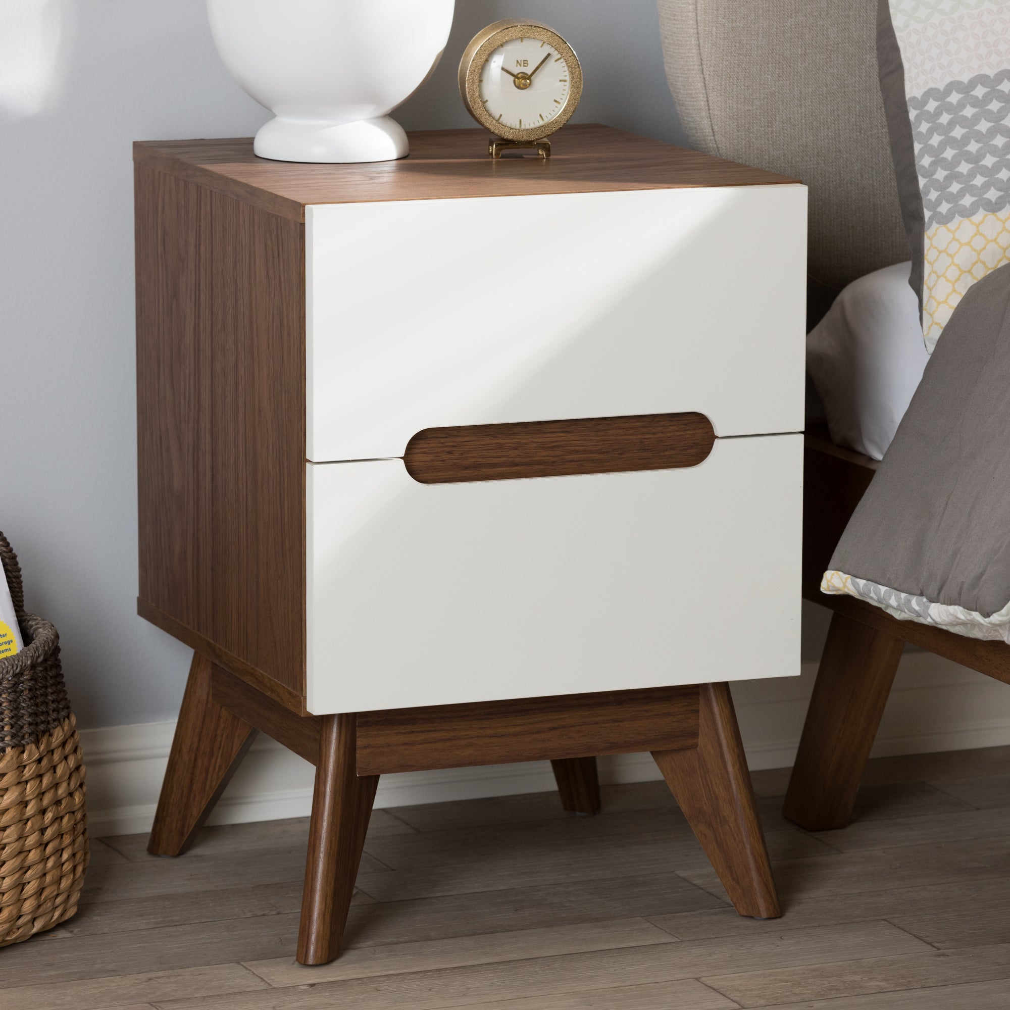 Calypso Mid-Century Modern White and Walnut Wood 3-Drawer Storage Nightstand