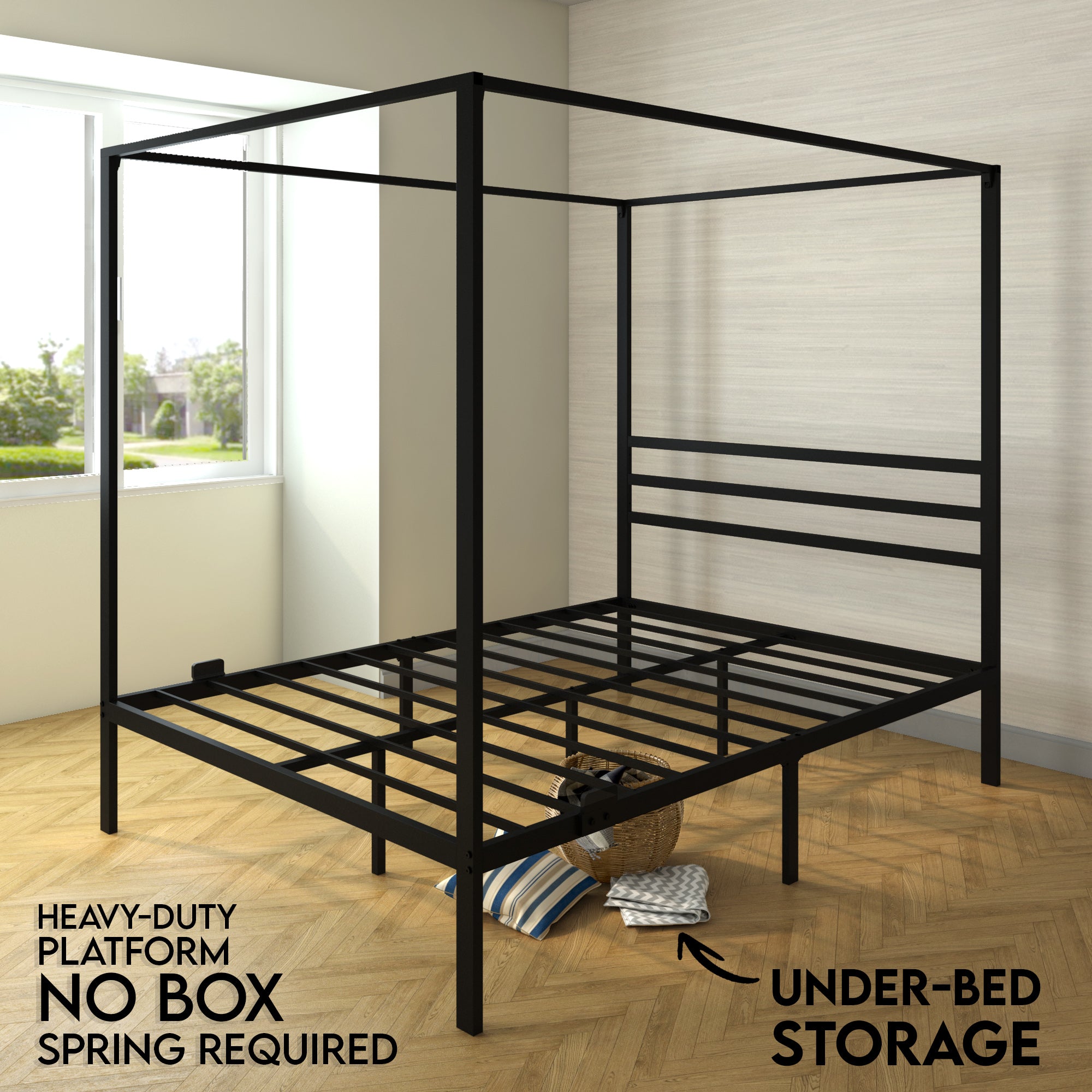 Queen Size Canopy Metal Bed Frame Headboard  - No Box Spring Needed