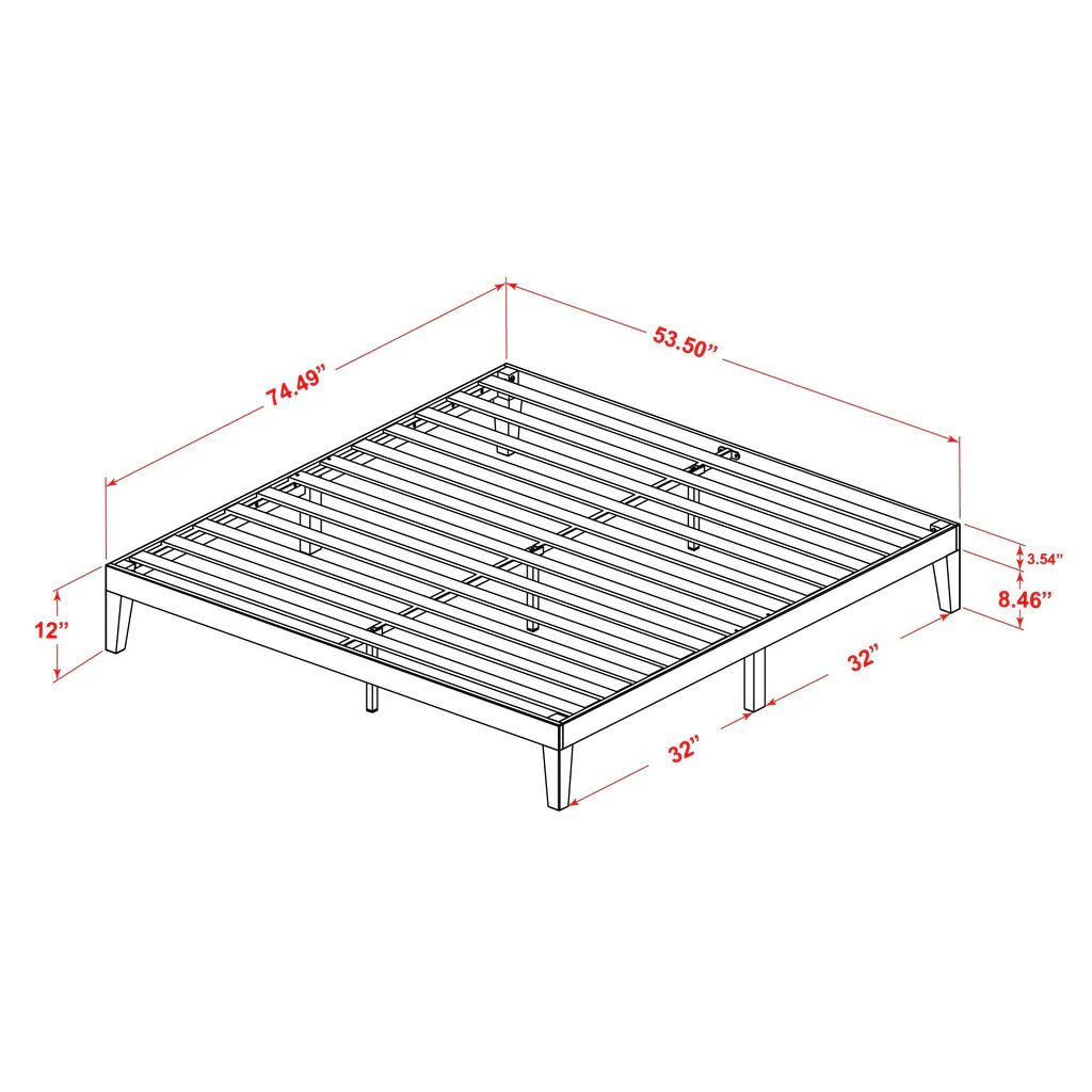 Full Size Platform Bed with 4 Solid Wood Legs and 2 Extra Center Legs - Walnut Finish