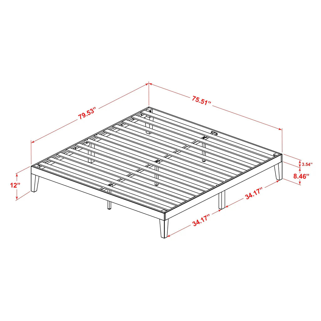 King Size Platform Bed with 4 Solid Wood Legs and 2 Extra Center Legs - Walnut Finish