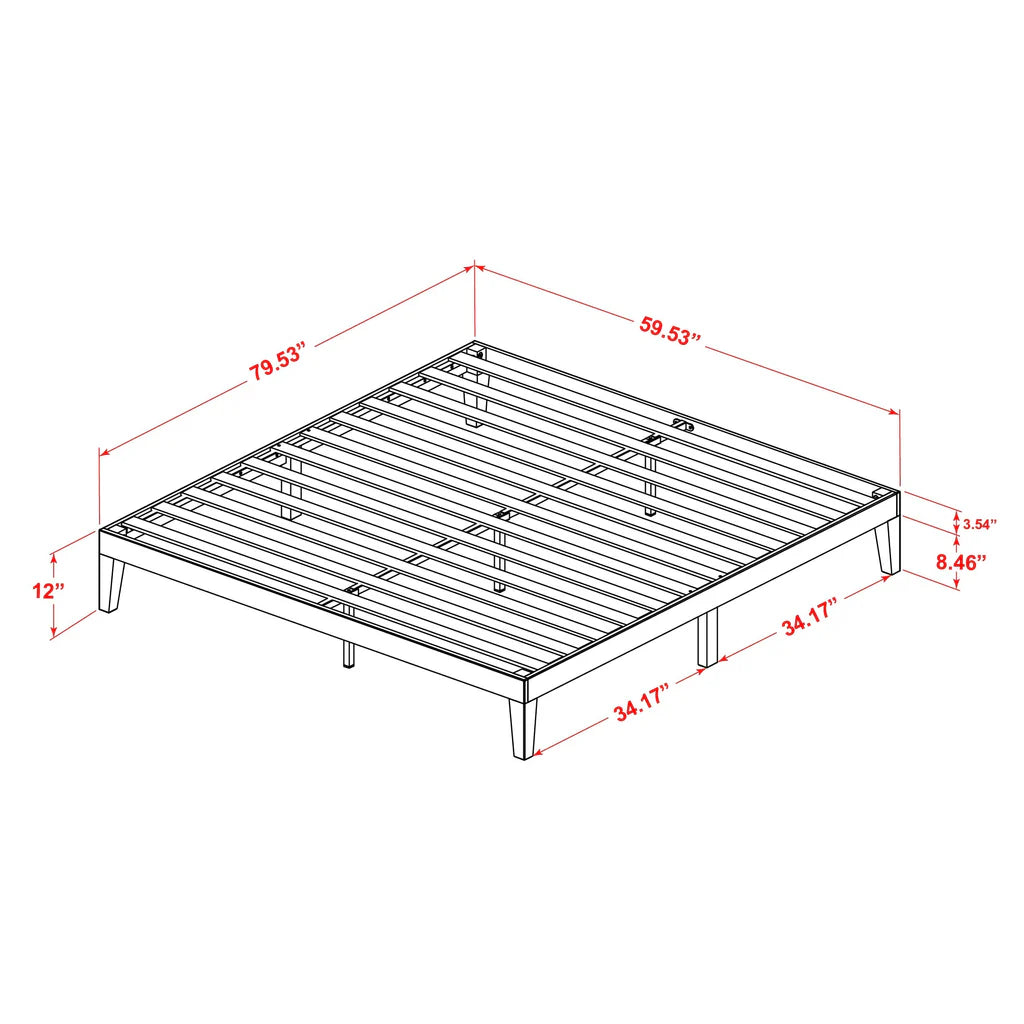 Queen Platform Bed Frame with 4 Solid Wood Legs and 2 Extra Center Legs - Walnut Finish