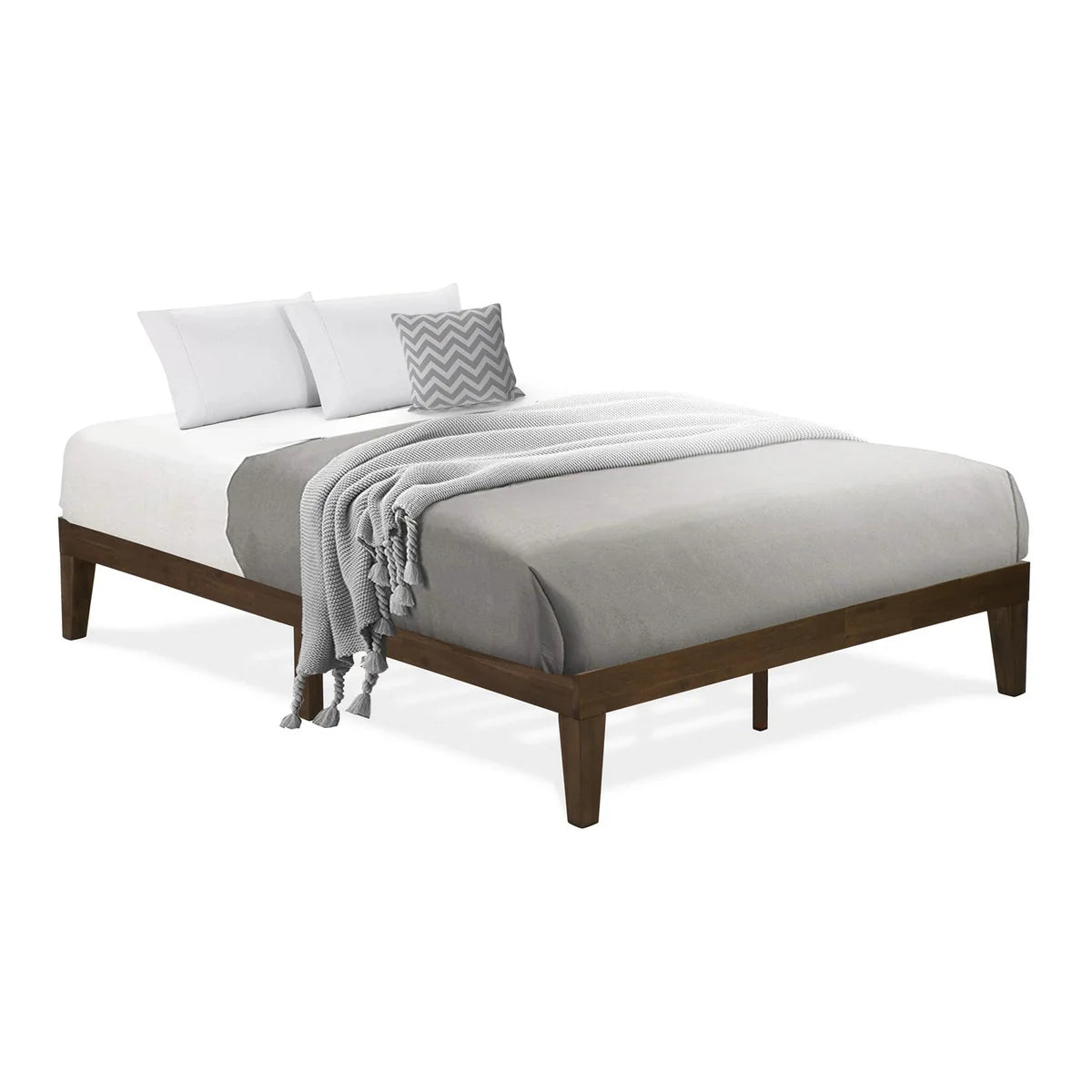 Queen Platform Bed Frame with 4 Solid Wood Legs and 2 Extra Center Legs - Walnut Finish