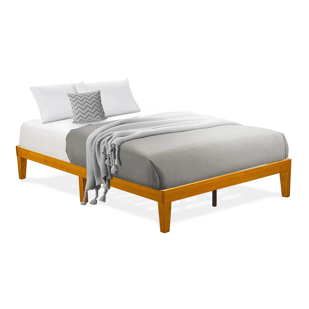 Full Size Platform Bed Frame with 4 Solid Wood Legs and 2 Extra Center Legs - Oak Finish