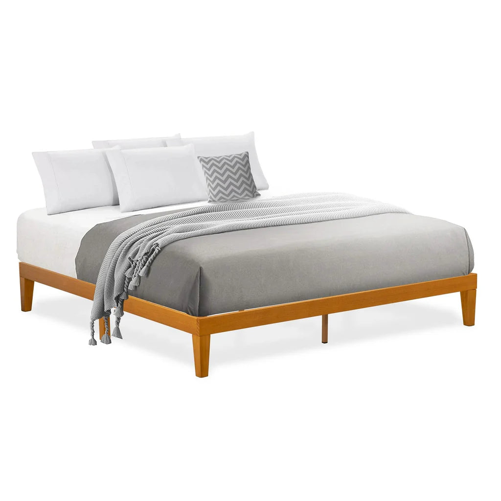 King Size Platform Bed Frame with 4 Solid Wood Legs and 2 Extra Center Legs - Oak Finish