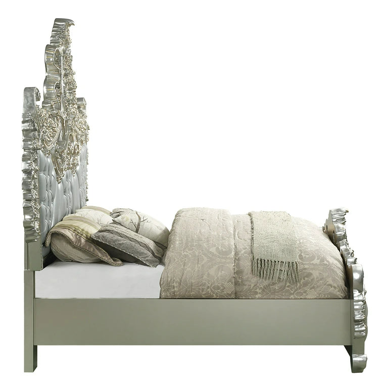 Sandoval Eastern King Bed, Beige Synthetic Leather & Champagne Finish