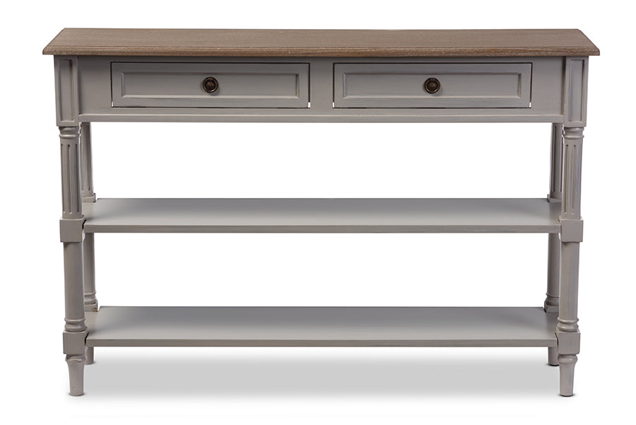 Edouard French Provincial Style White Wash Distressed Wood and Grey Two-tone 2-drawer Console Table