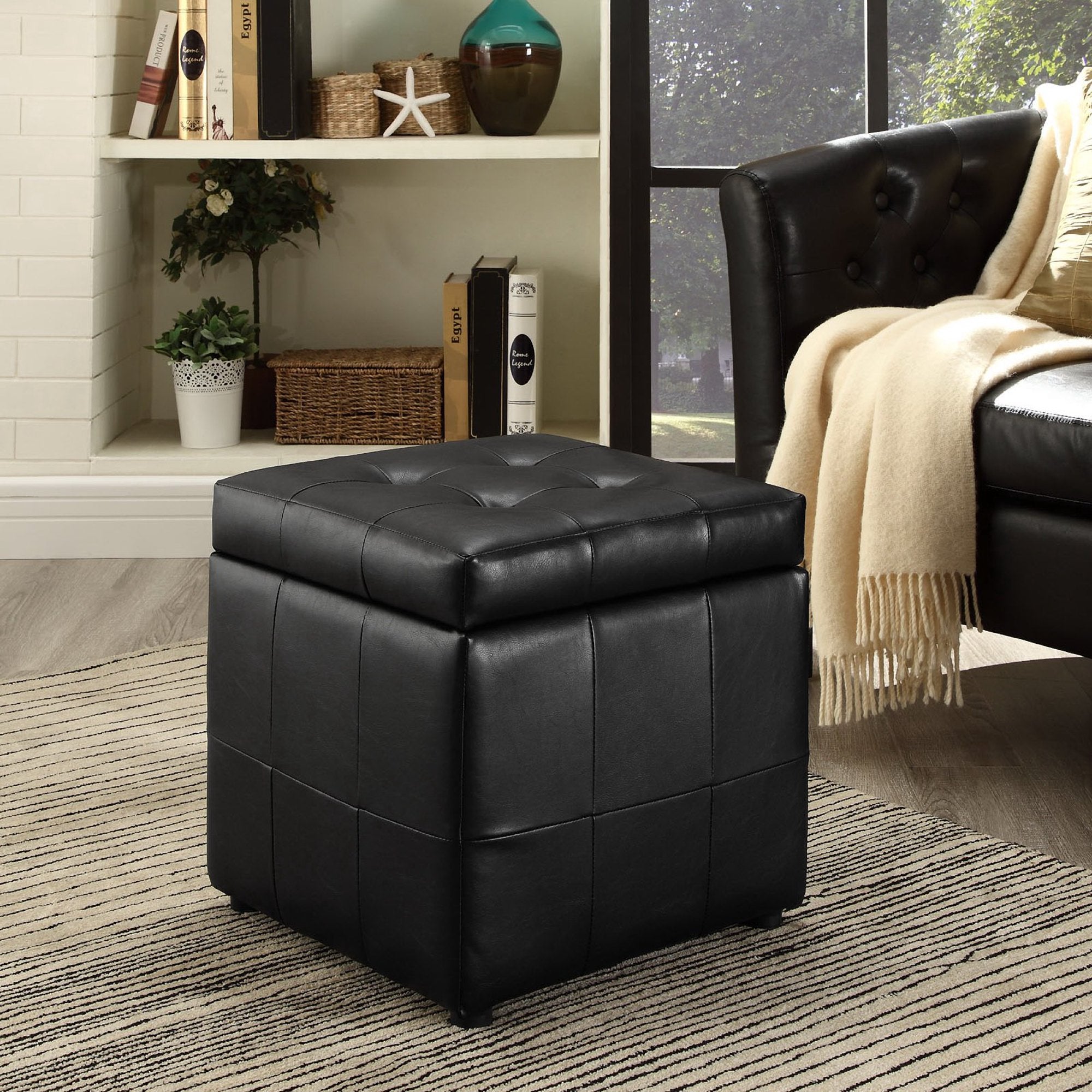 Volt Storage Upholstered Vinyl Ottoman, Black