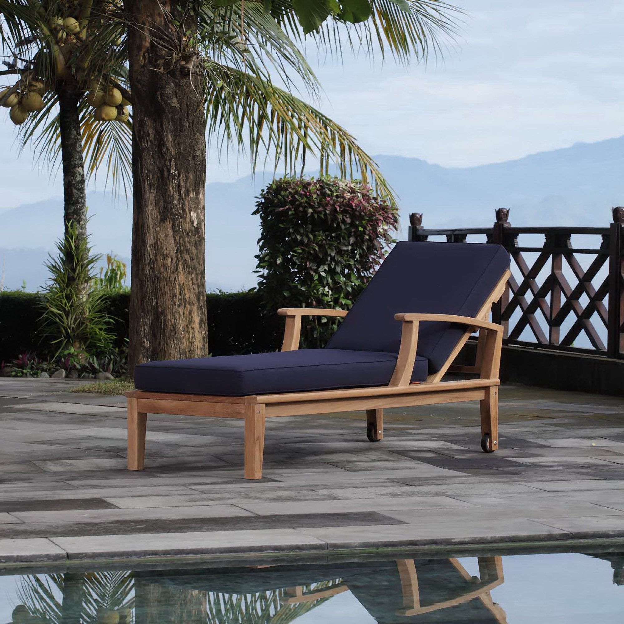 Marina Outdoor Patio Teak Single Chaise, Natural Navy