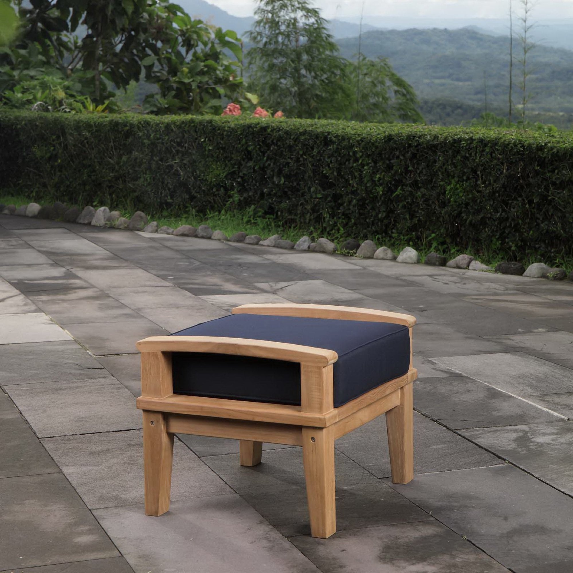 Marina Outdoor Patio Teak Ottoman, Natural Navy