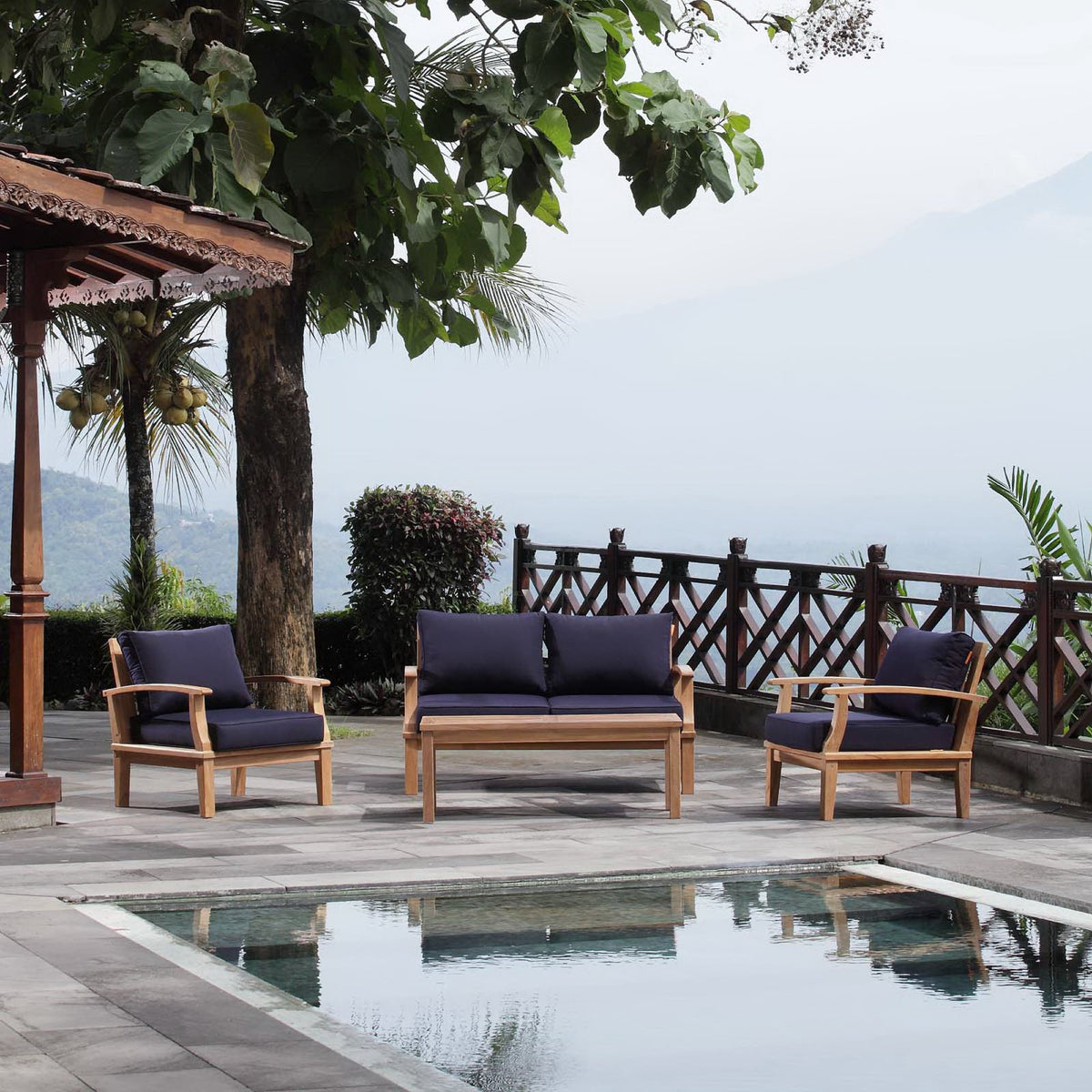 Marina 4 Piece Outdoor Patio Teak Set, Natural Navy