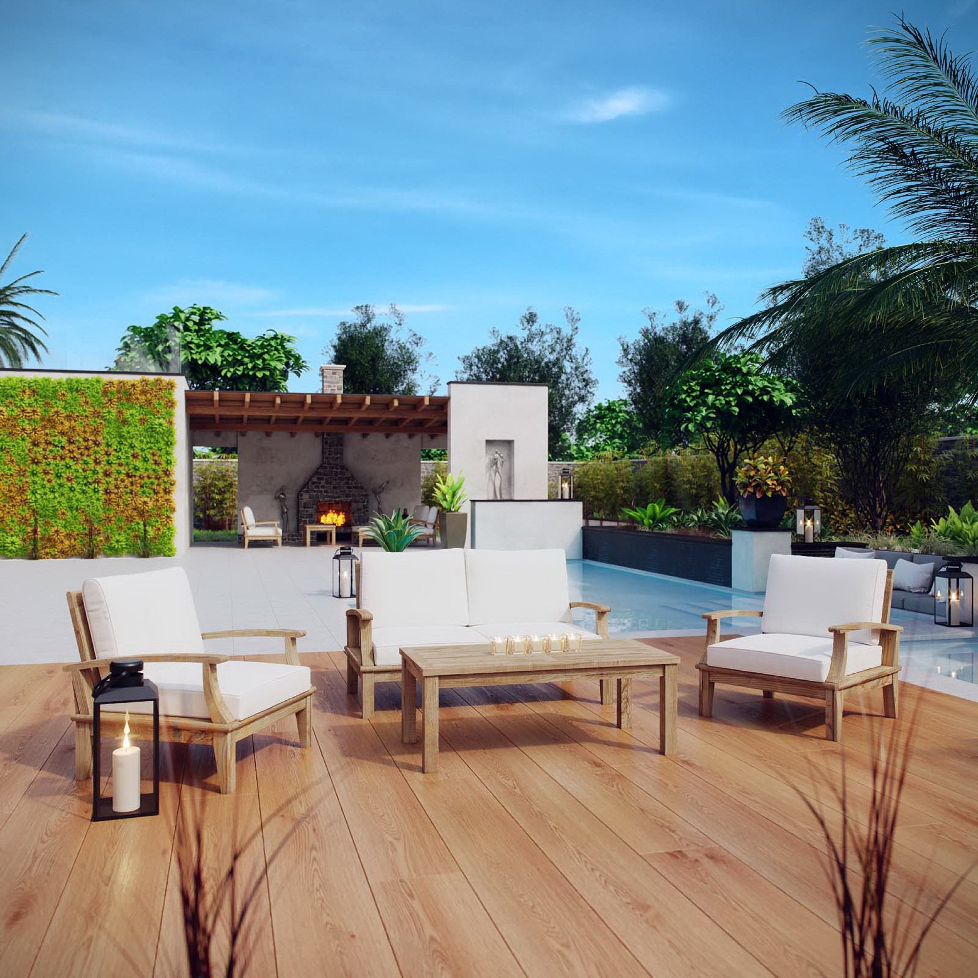 Marina 4 Piece Outdoor Patio Teak Set, Natural White