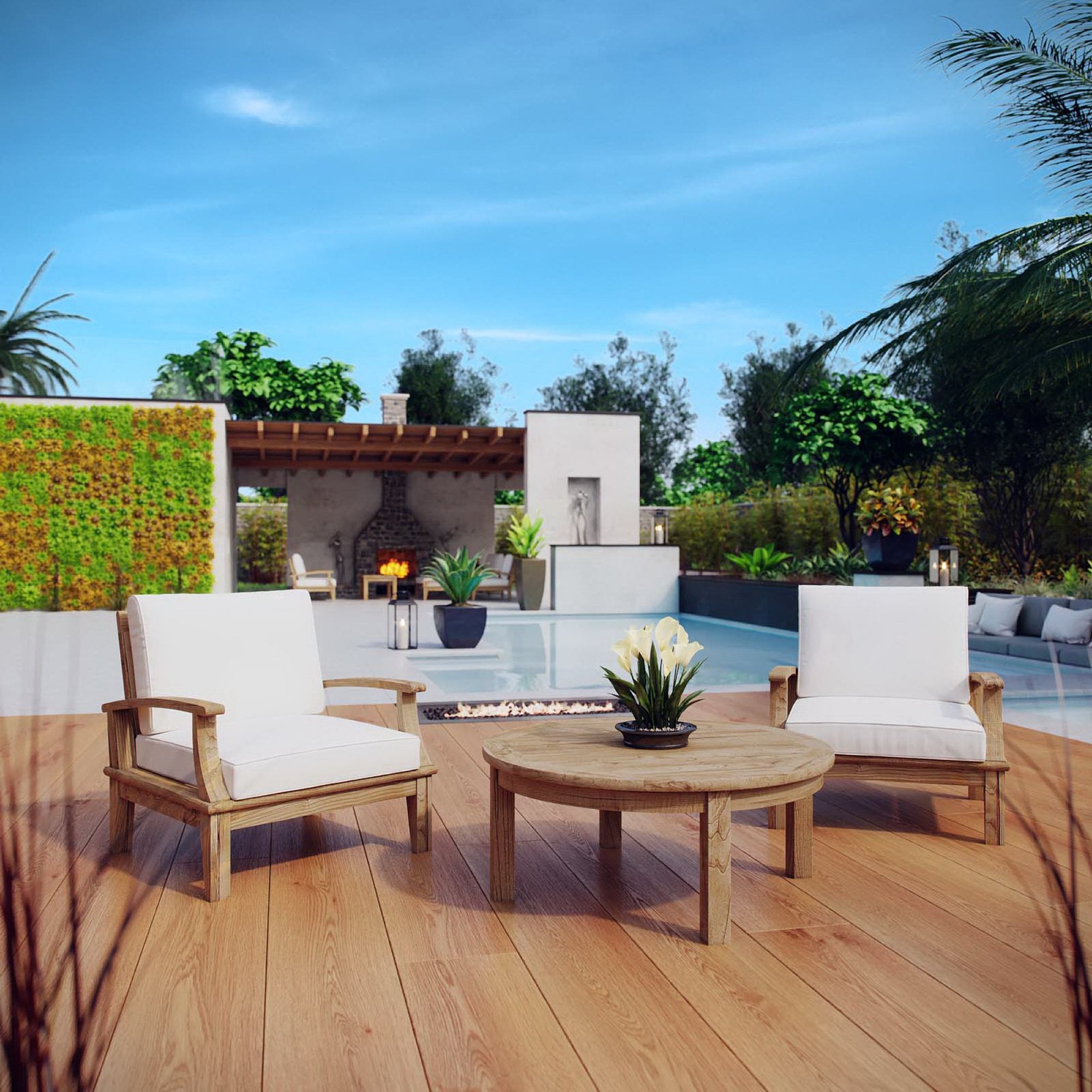 Marina 3 Piece Outdoor Patio Teak Set, Natural White