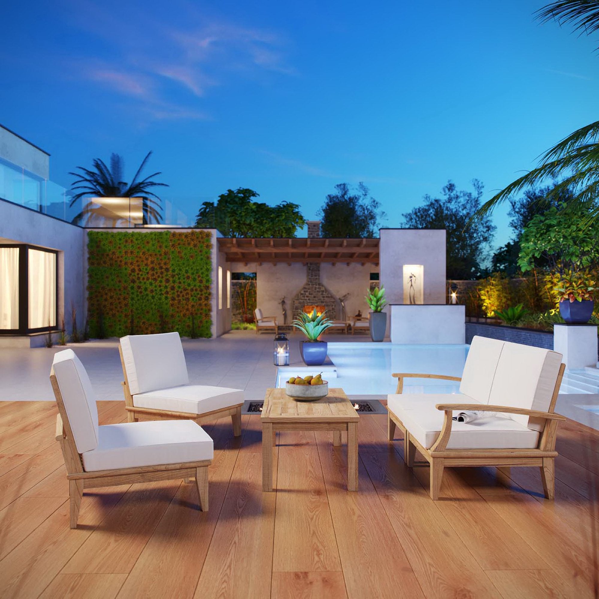 Marina 5 Piece Outdoor Patio Teak Set, Natural White