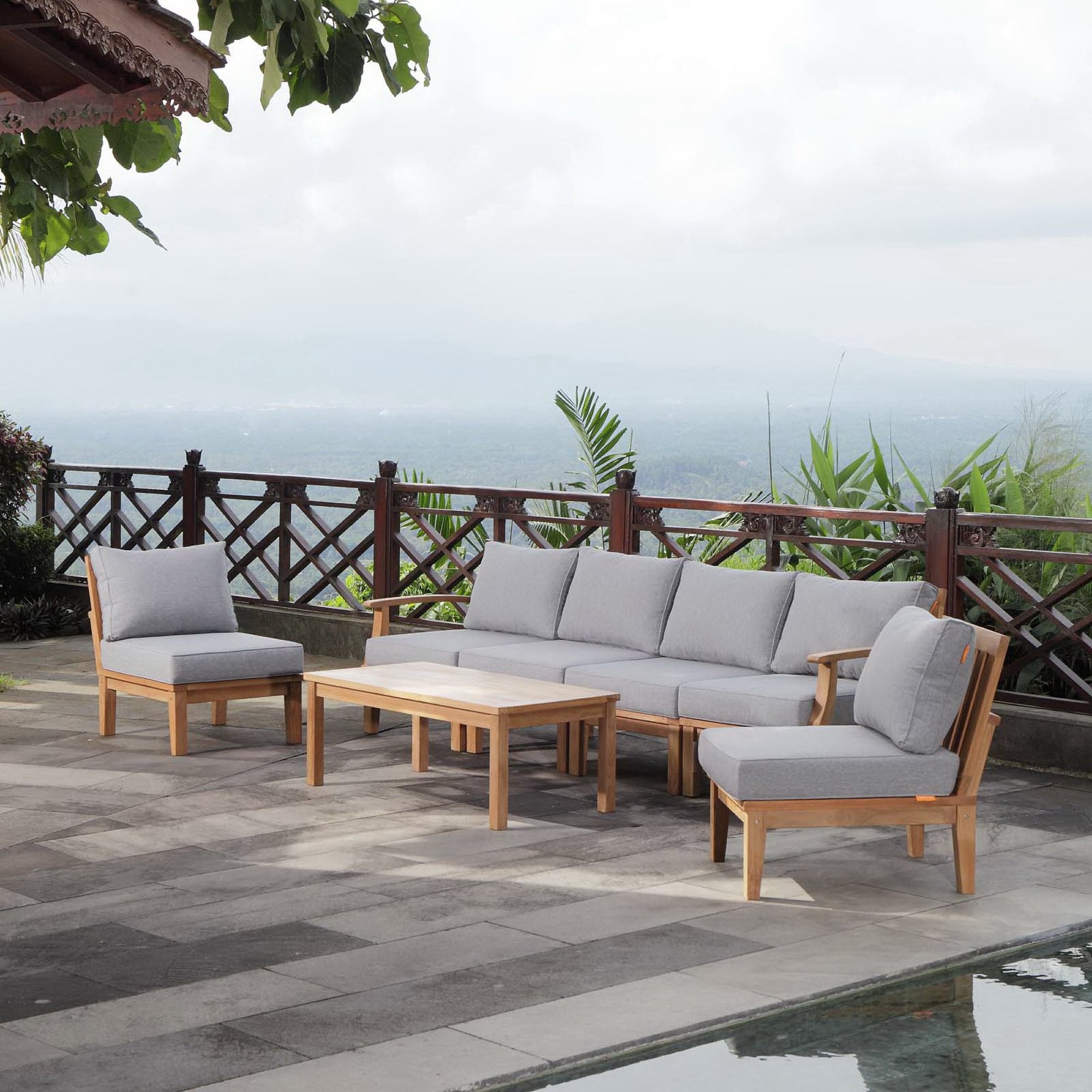 Marina 7 Piece Outdoor Patio Teak Set, Natural Gray