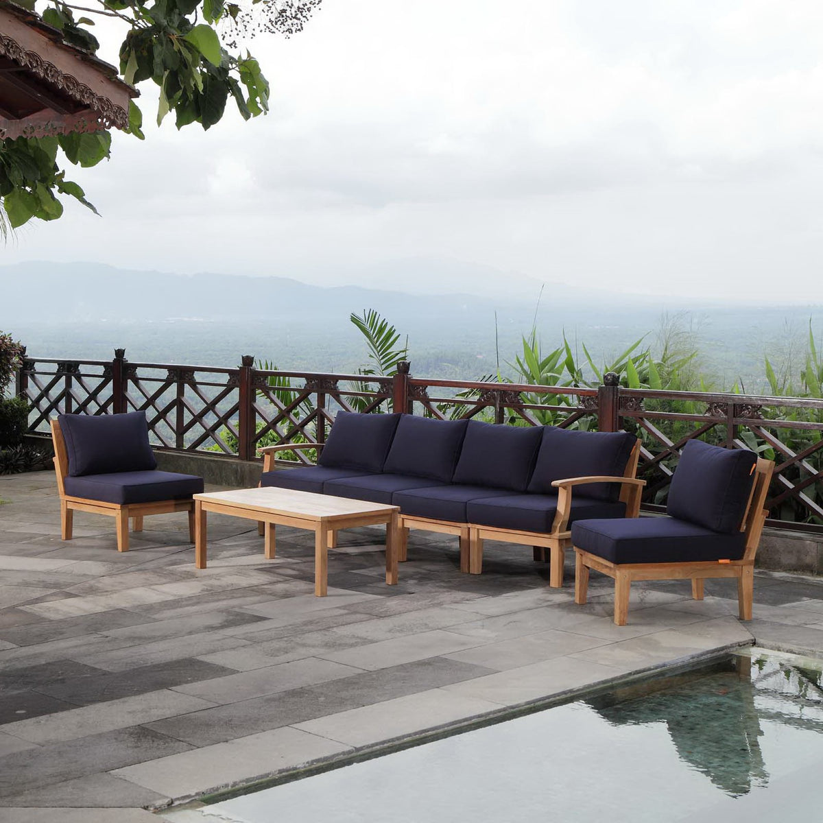 Marina 7 Piece Outdoor Patio Teak Set, Natural Navy