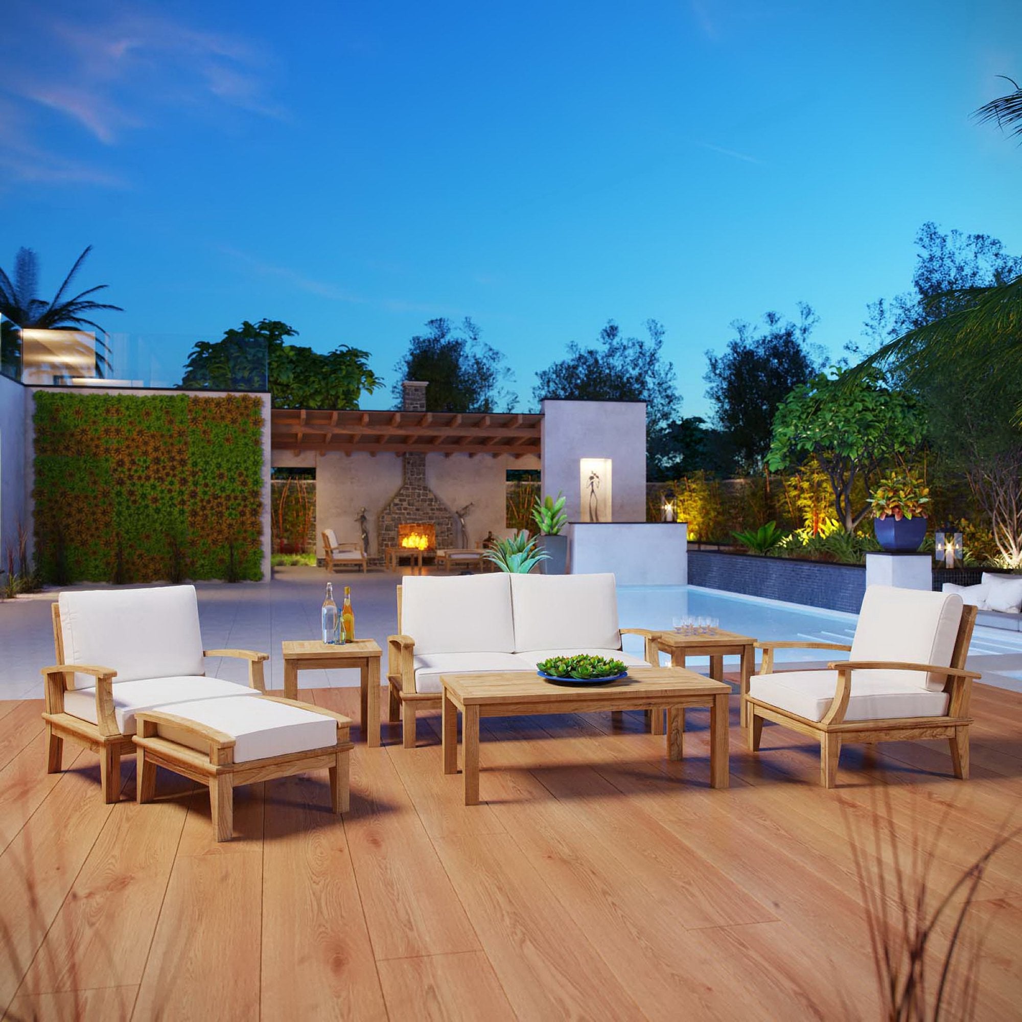 Marina 7 Piece Outdoor Patio Teak Set, Natural White