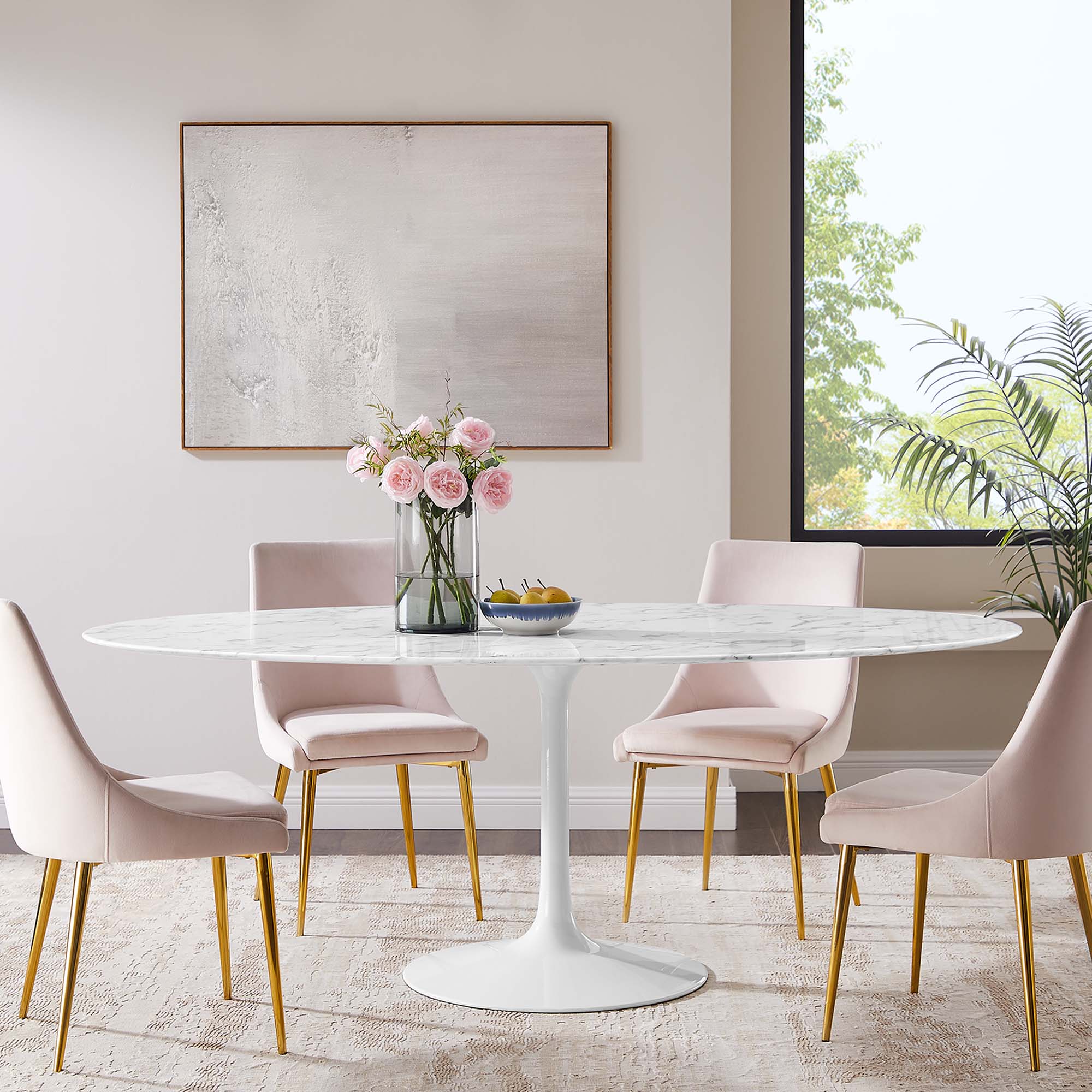 Lippa 78" Oval Faux Marble Dining Table, White
