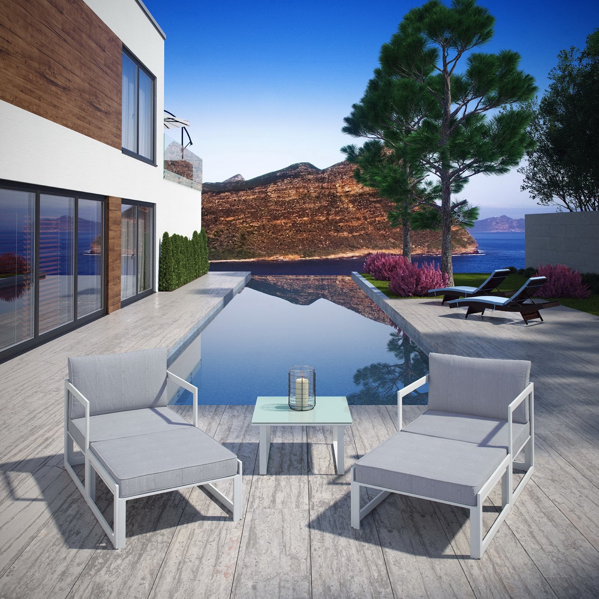 Fortuna 5 Piece Outdoor Patio Sectional Sofa Set, White Gray