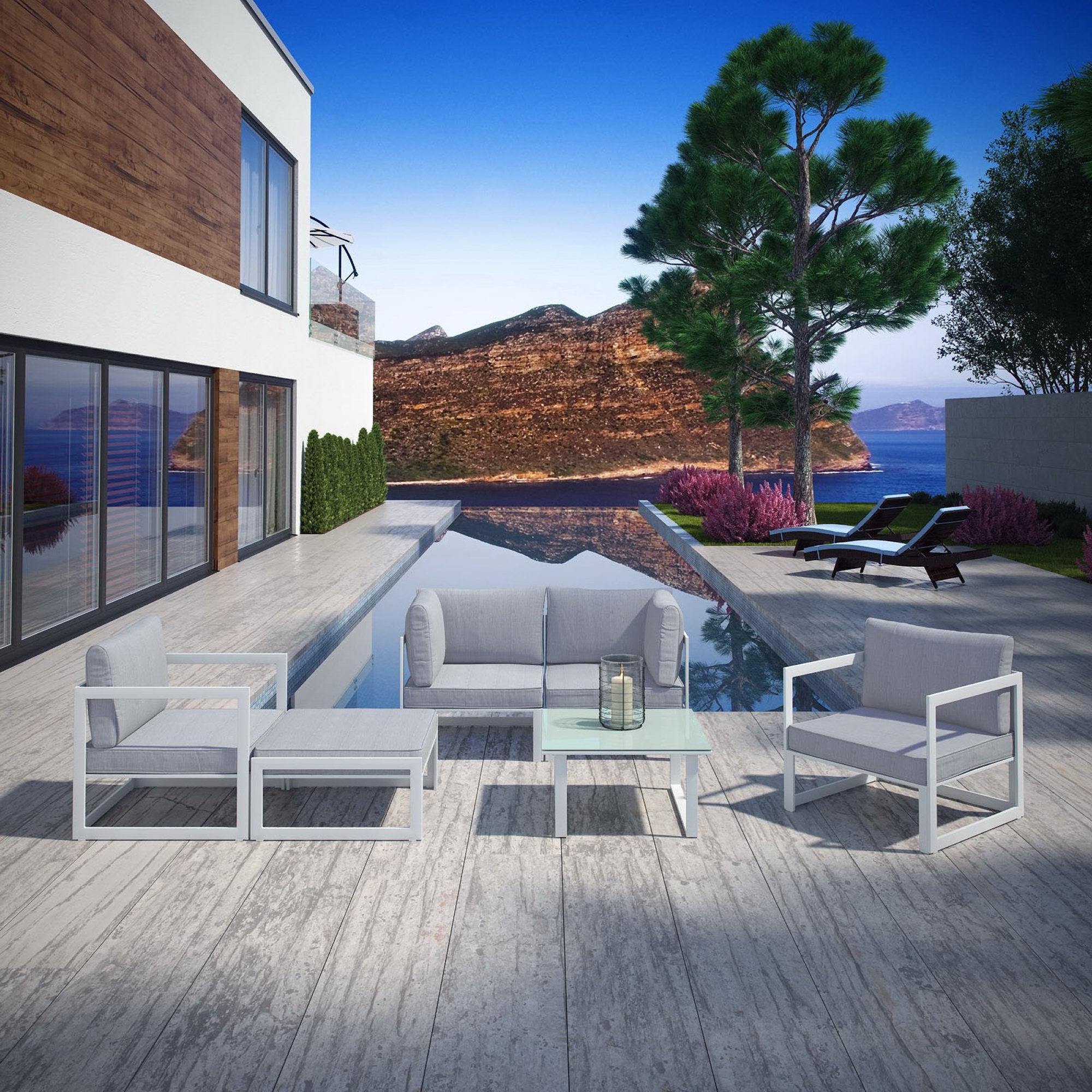 Fortuna 6 Piece Outdoor Patio Sectional Sofa Set, White Gray