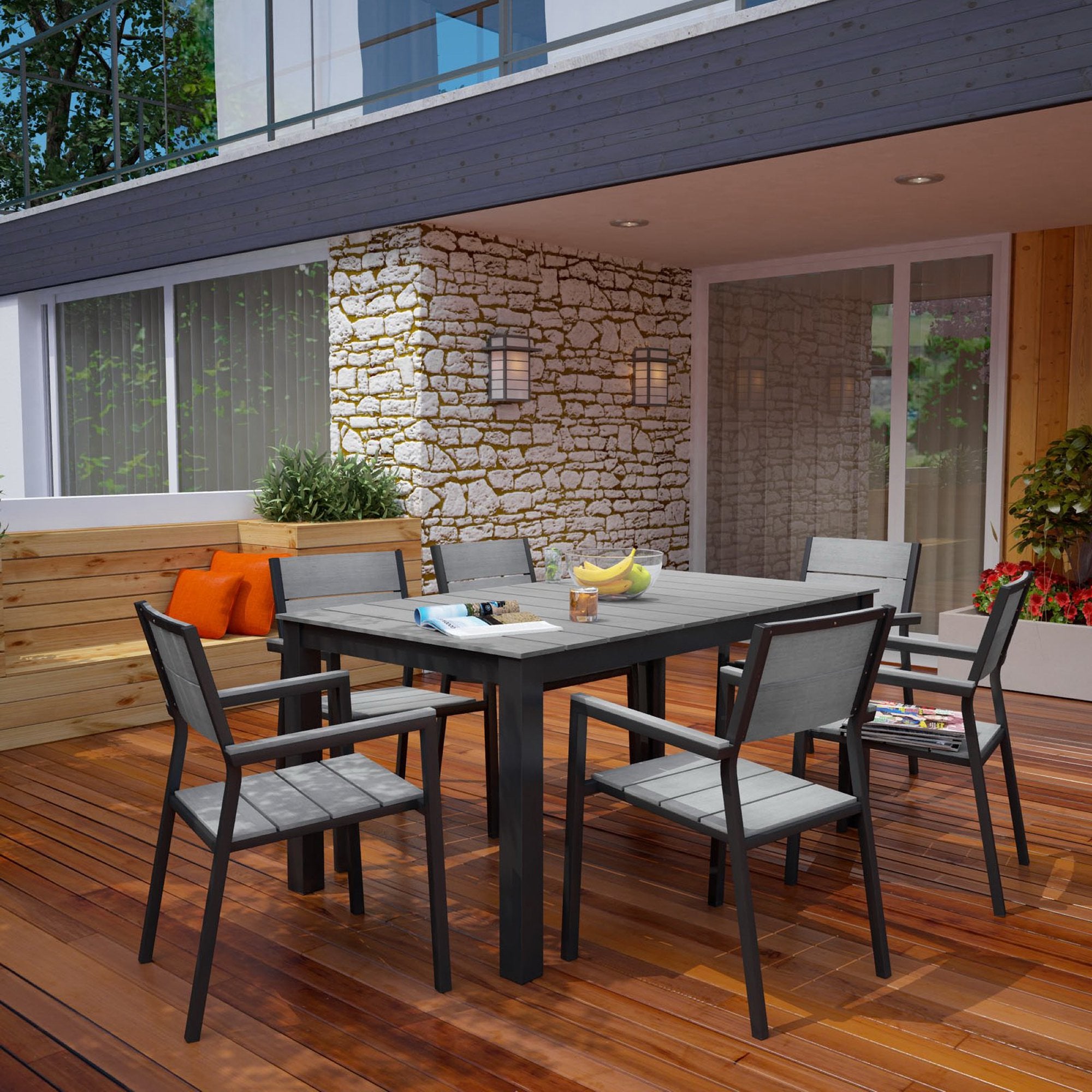 Maine 7 Piece Outdoor Patio Dining Set, Brown Gray